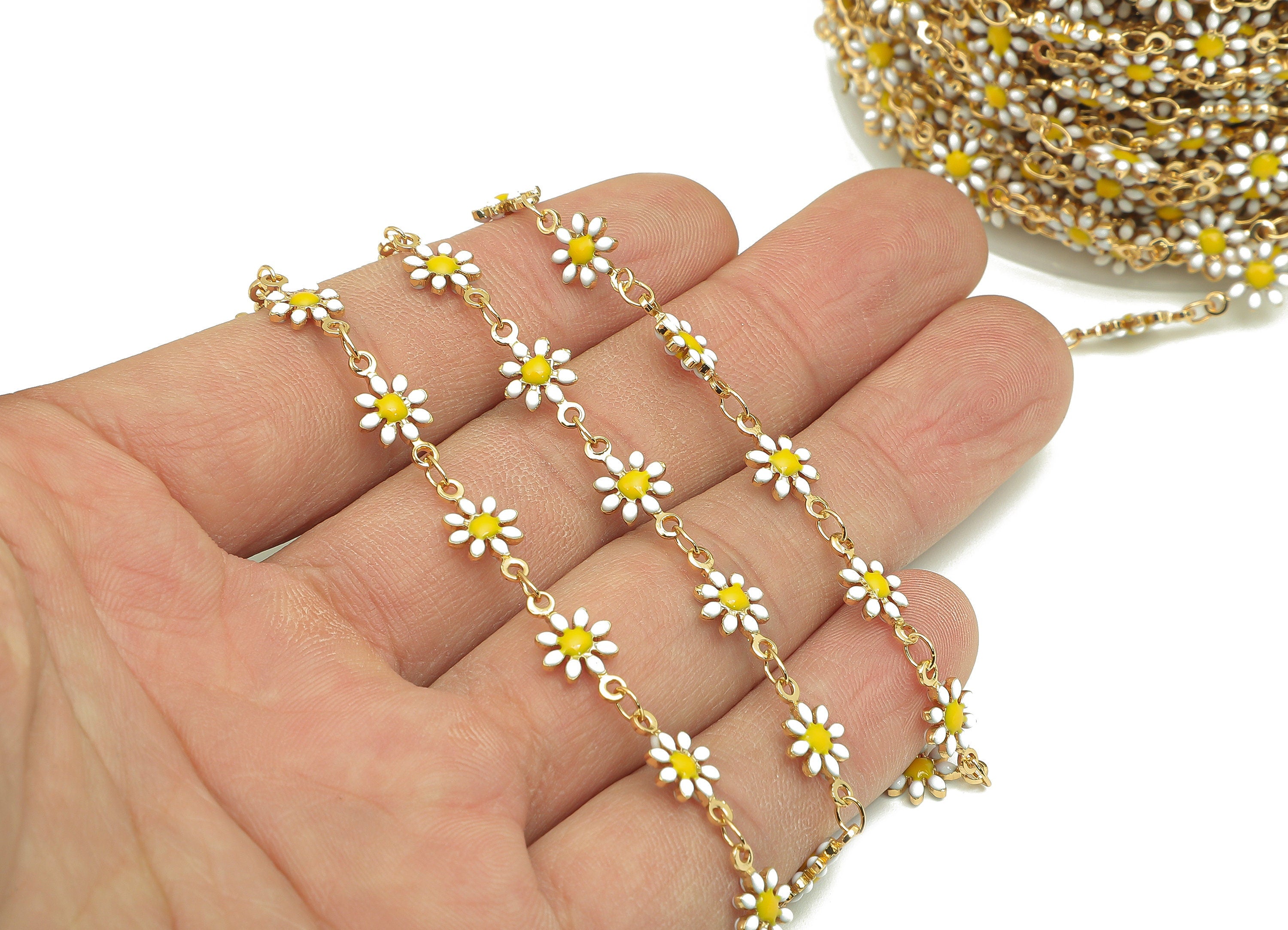 Brass Daisy Chain - Enamel Flower Chains - Floral Link Chain Findings - For Bracelet - 18K Real Gold Plating - 12.8x7.4x2.3mm - RGP5654A - DOMEDBAZAAR
