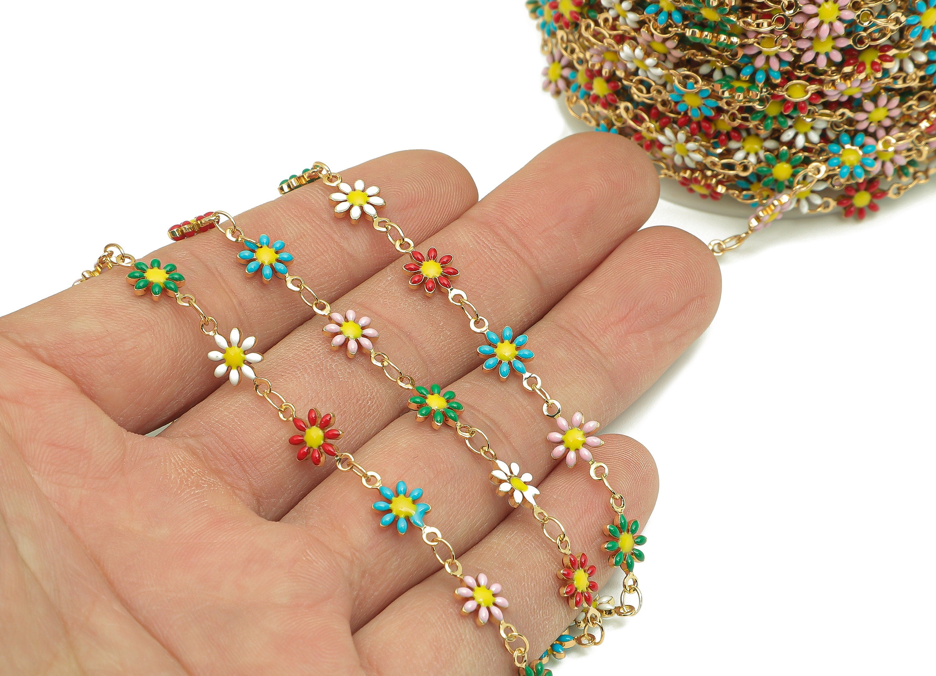 Brass Daisy Chain - Enamel Rainbow Flower Chains - Floral Link Chain - For Bracelet - 18K Real Gold Plating - 12.8x7.4x2.3mm - RGP5654C - DOMEDBAZAAR