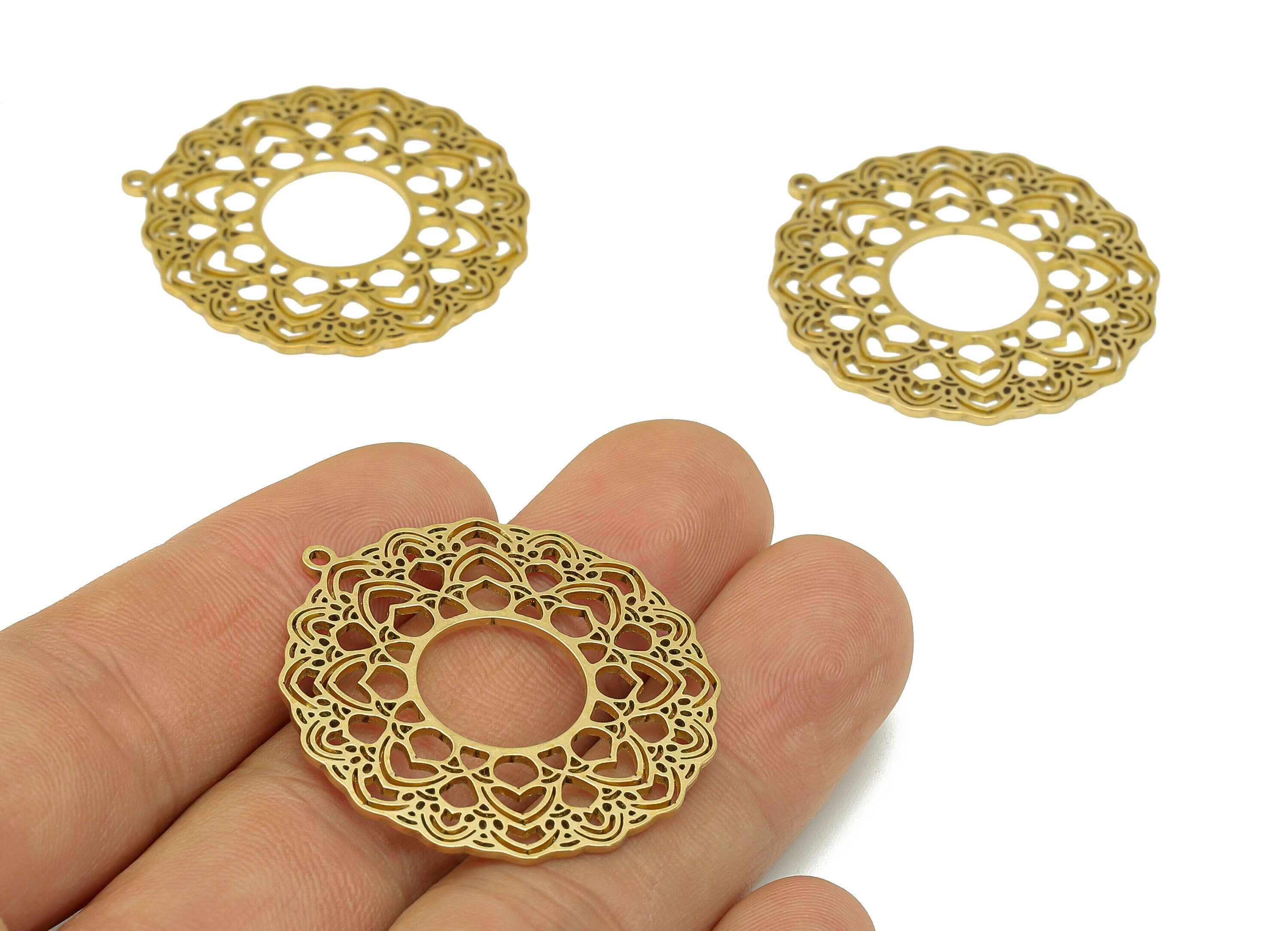 Brass Sunflower Earring Charms - Raw Brass Hollow Flower Earring - Botanical Pendant With Loop - For Necklace - 37.9x35.7x0.9mm - PPA6819 - DOMEDBAZAAR