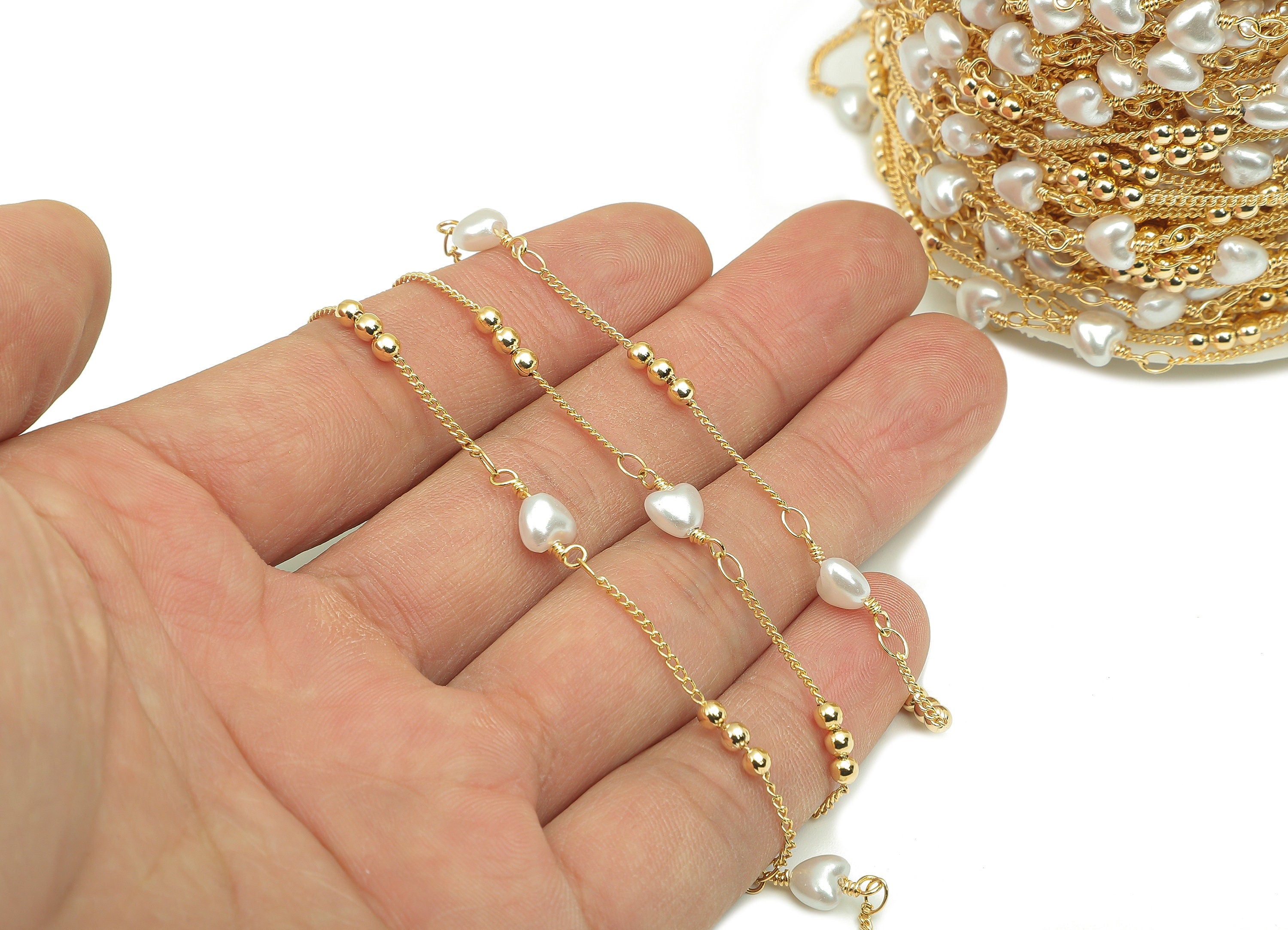 Brass Pearl Heart Curb Chain - Gold Beaded Chains - Gift For Her For Necklace - For Bracelet - 18K Real Gold Plating - 13.9x6.1x4mm -RGP5657 - DOMEDBAZAAR