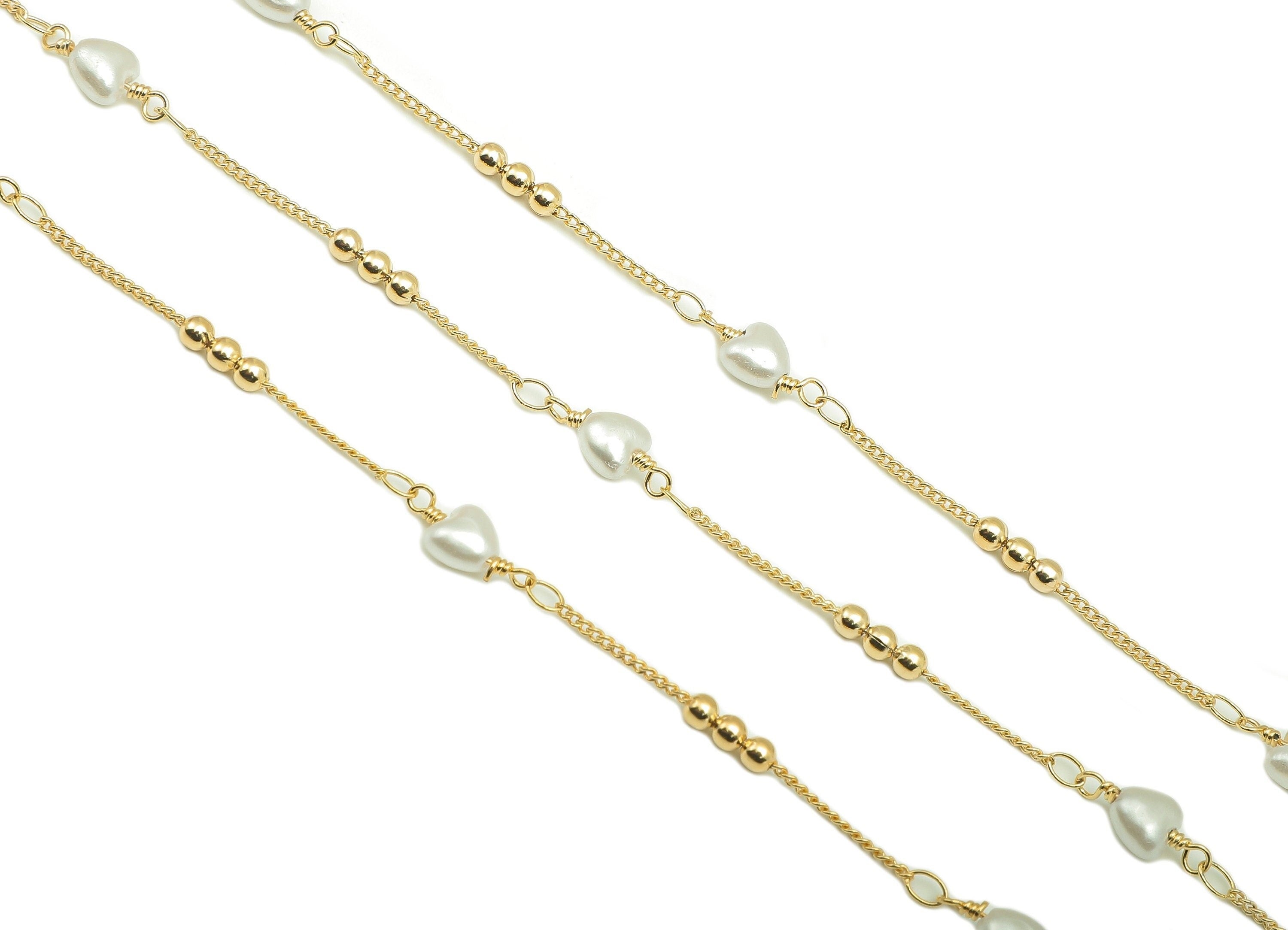 Brass Pearl Heart Curb Chain - Gold Beaded Chains - Gift For Her For Necklace - For Bracelet - 18K Real Gold Plating - 13.9x6.1x4mm -RGP5657 - DOMEDBAZAAR