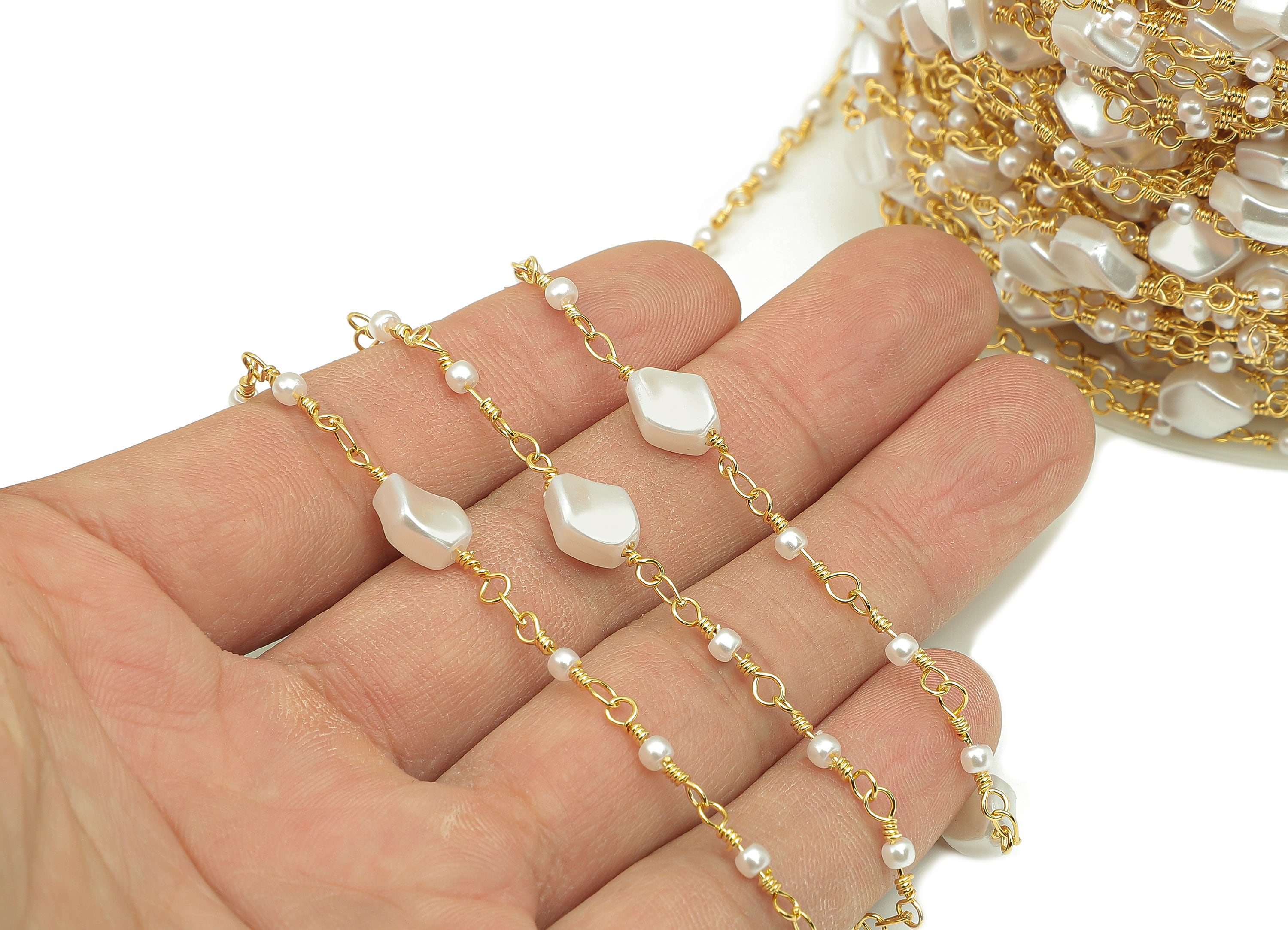 Brass Beaded Chain - Pearl Satellite Chain - Diamond Bead Chain - For Necklace - 18K Real Gold Plating - 16.3x7.6x3.9mm - RGP5682 - DOMEDBAZAAR
