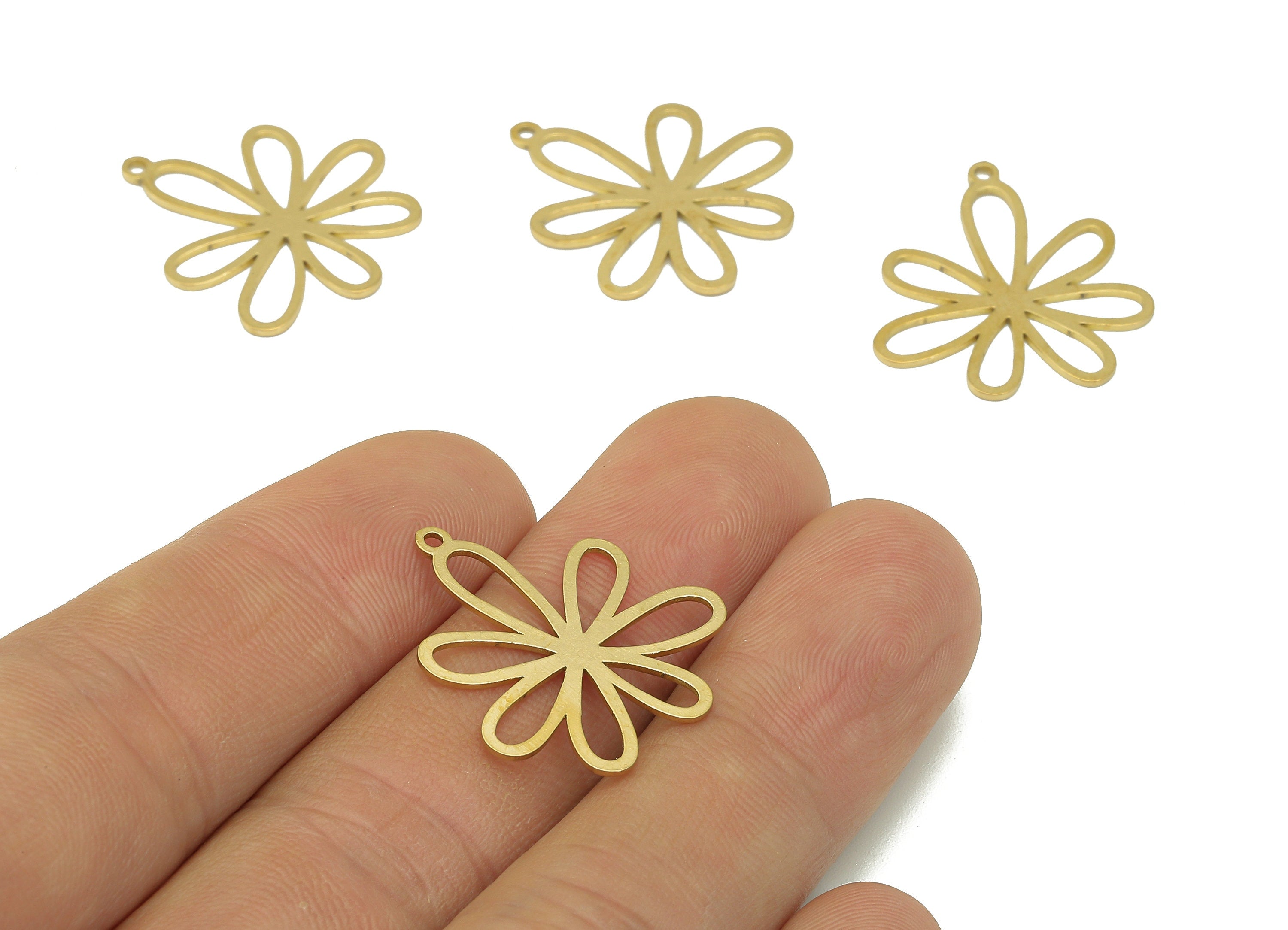 Brass Flower Earring Charms - Raw Brass Flower Earring - Flower Pendant With Loop - Botanical Charm For Necklace - 29.7x29.7x0.9mm - PPA6928 - DOMEDBAZAAR