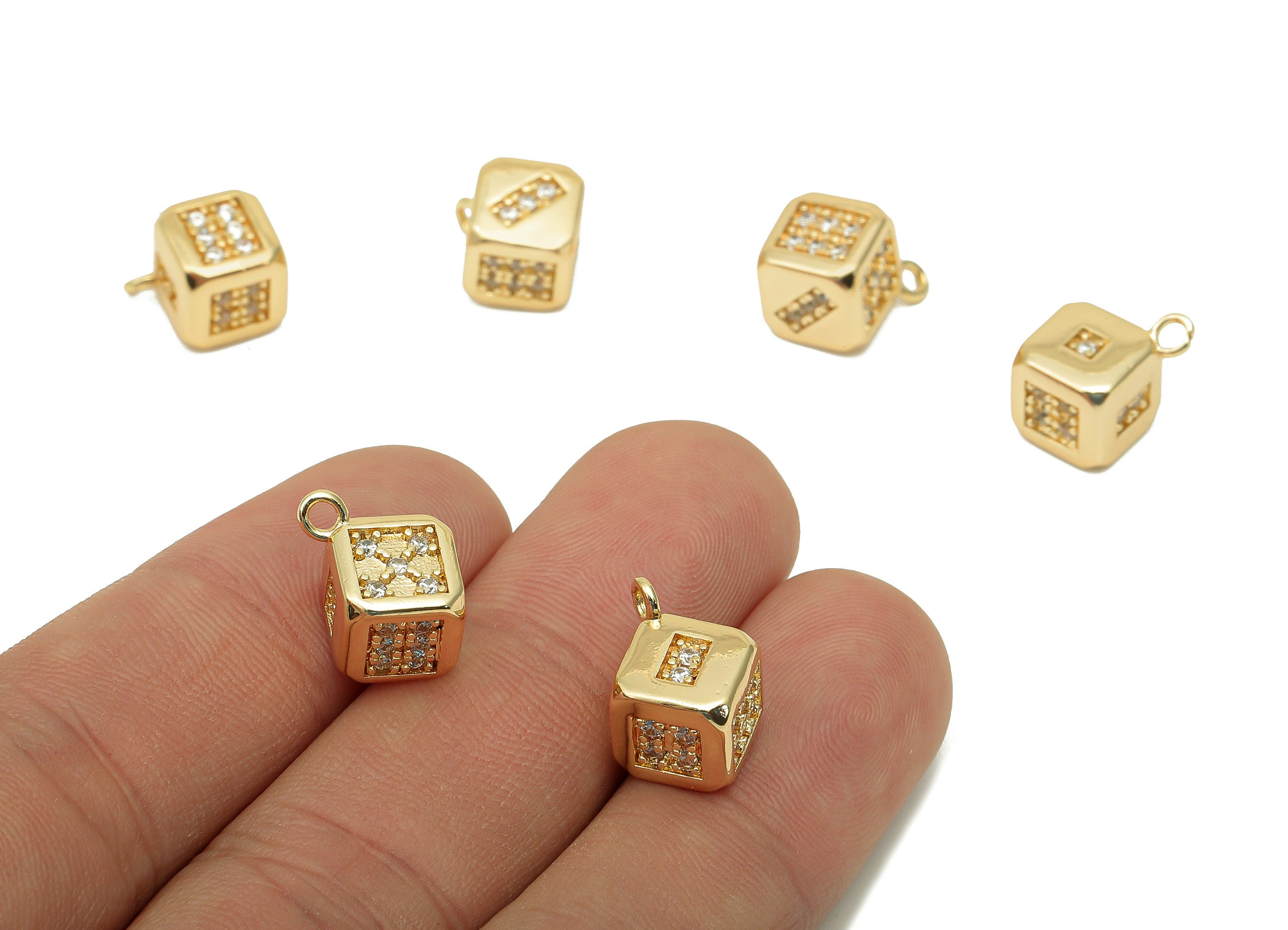 Brass Dice Cube Earring Charm - Zircon Dice Square Earring - Number Pendant With Loop - 18K Real Gold Plating Charm - 15.3x8.6x8.6mm-RGP5714 - DOMEDBAZAAR
