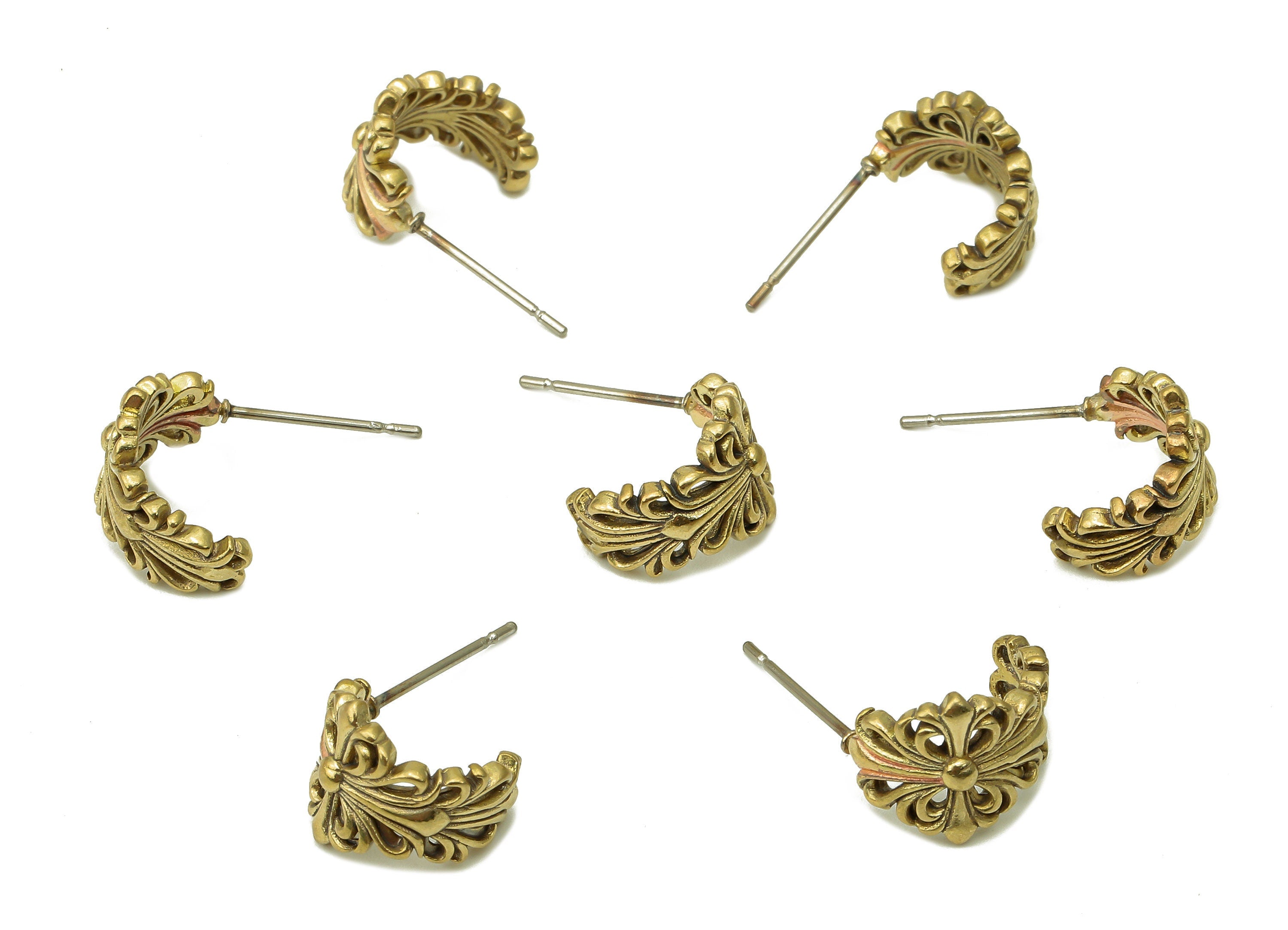 Brass Flower Open Hoop Earring Stud - Raw Brass Coronet C Earring Post - Crown Stud Earring - 316 Stainless Steel Stud - 19x12x2mm - PP8157 - DOMEDBAZAAR