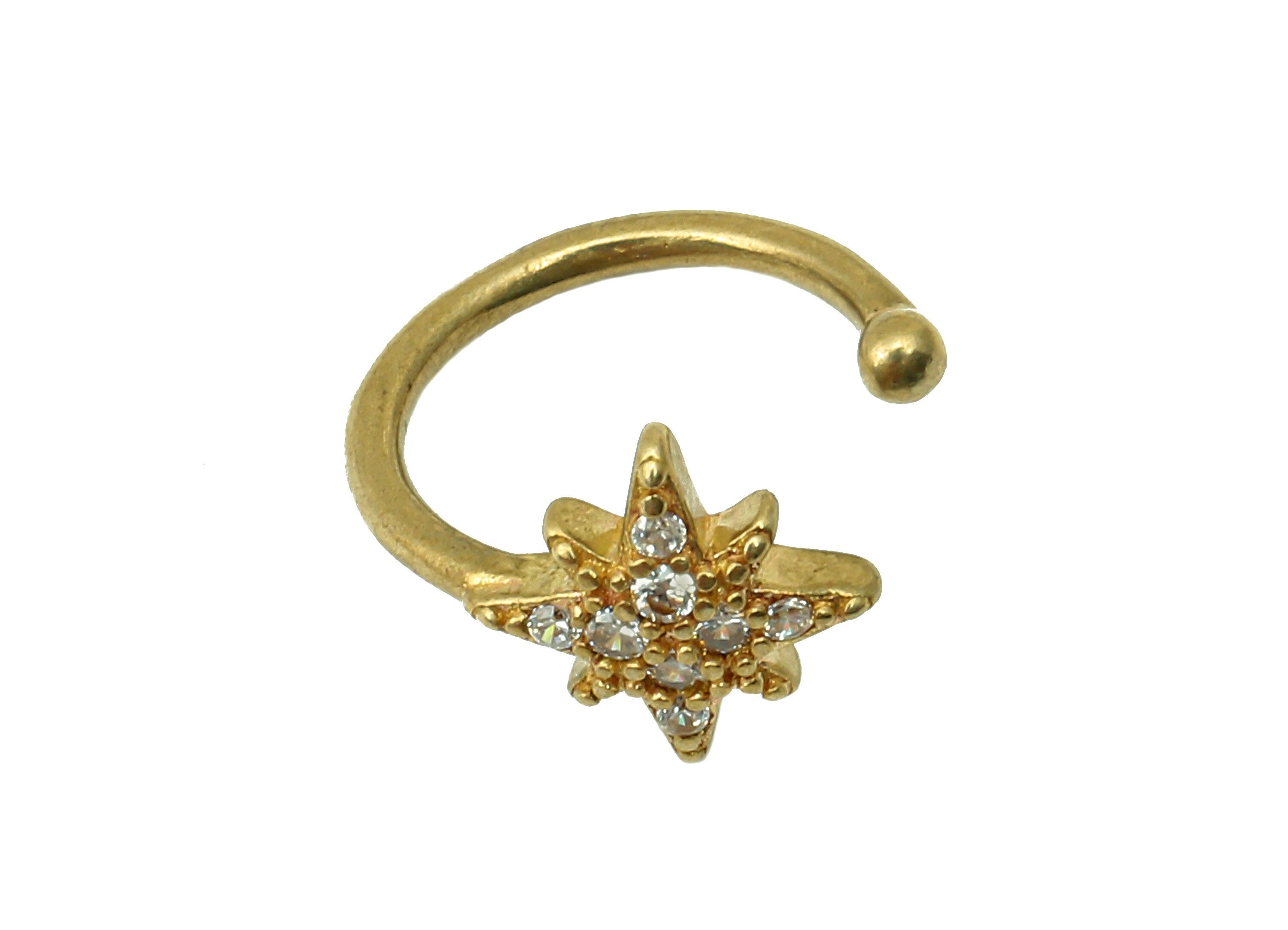 Brass Mini Star Open Round C Ring - Raw Brass Cartilage Earring With Zircon - Mini Planet Huggie Hoop Earring - 12.6x11.3x2.1mm - PP8159 - DOMEDBAZAAR