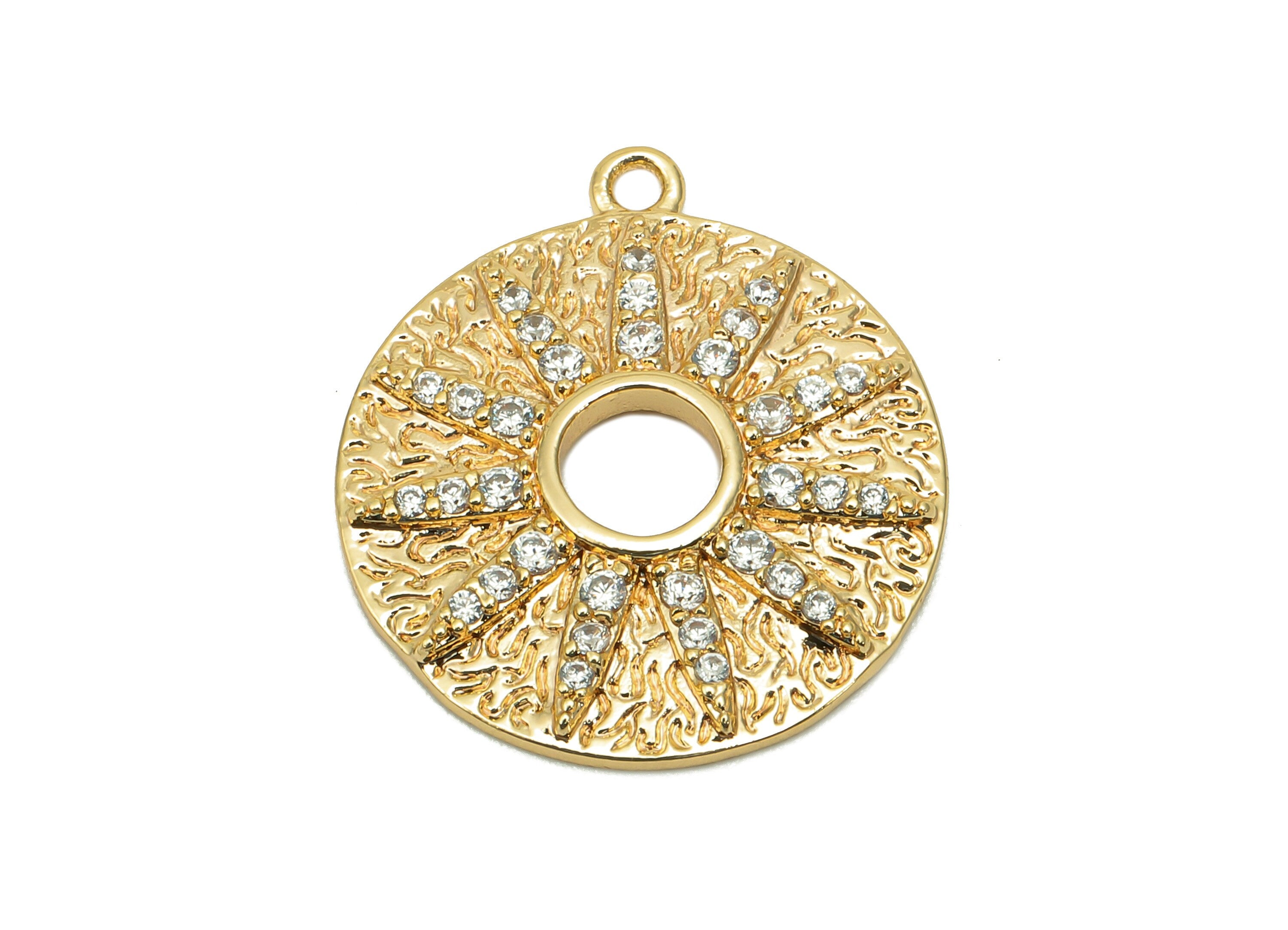 Brass Textured Sun Round Charm - Zircon Circle Flower Dots Earring - Spot Pendant With Loop - 18K Real Gold Plating - 22.5x20x2.4mm -RGP5715 - DOMEDBAZAAR