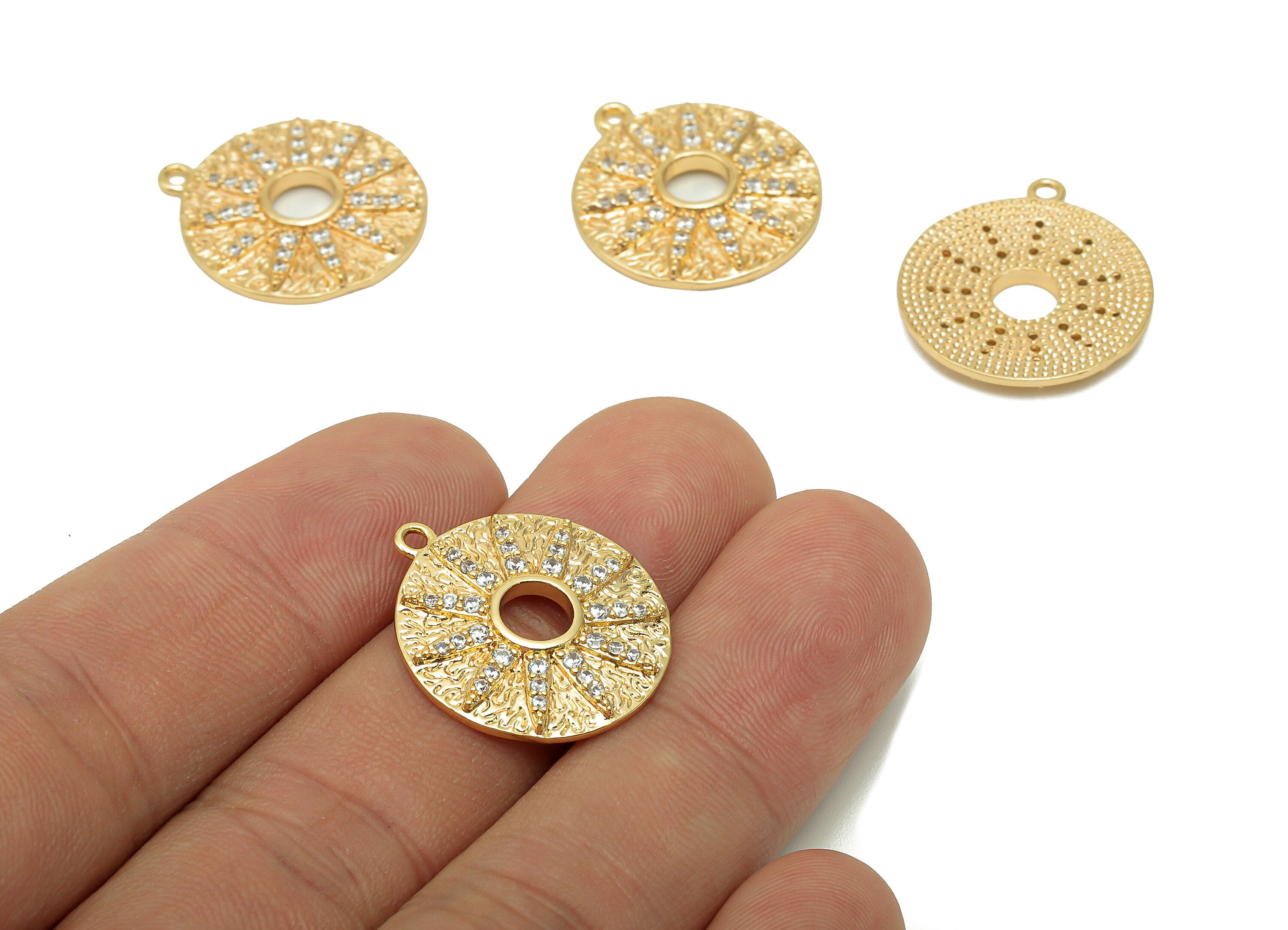 Brass Textured Sun Round Charm - Zircon Circle Flower Dots Earring - Spot Pendant With Loop - 18K Real Gold Plating - 22.5x20x2.4mm -RGP5715 - DOMEDBAZAAR