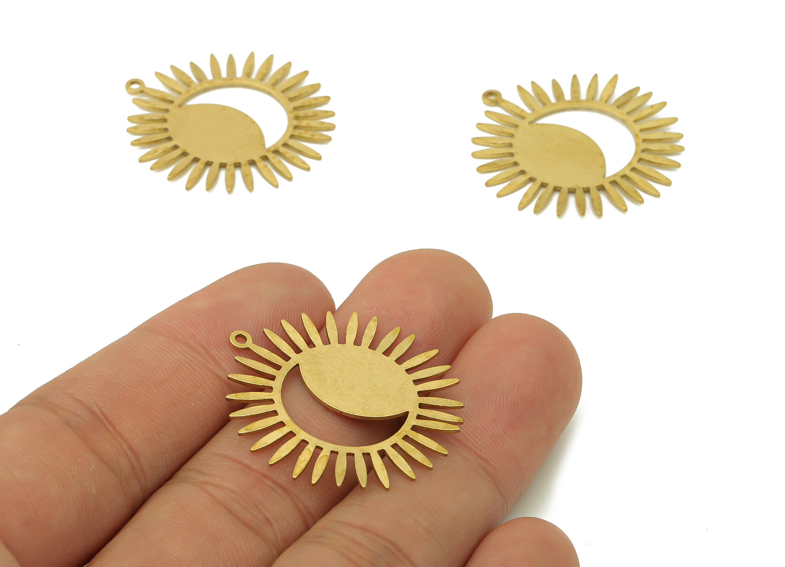 Brass Sun Crescent Earring Charm - Raw Brass Celestial Sun Moon Earring - Crescent Pendant With Loop - For Necklace - 32x30x0.7mm - PPA6652 - DOMEDBAZAAR