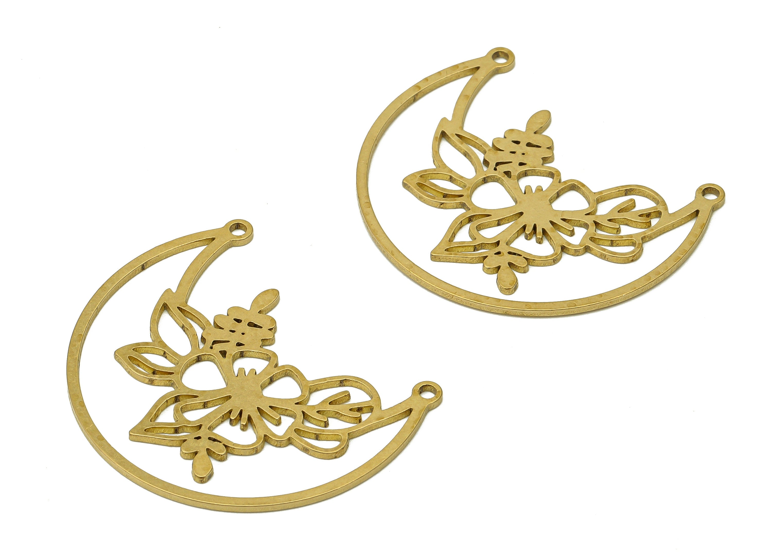 Brass Crescent Flower Earring Connector - Raw Brass Moon Pendant - Hollow Earring With 2 Loops - Leaves Charm - 34.7x30.8x0.9mm - PPA6682 - DOMEDBAZAAR