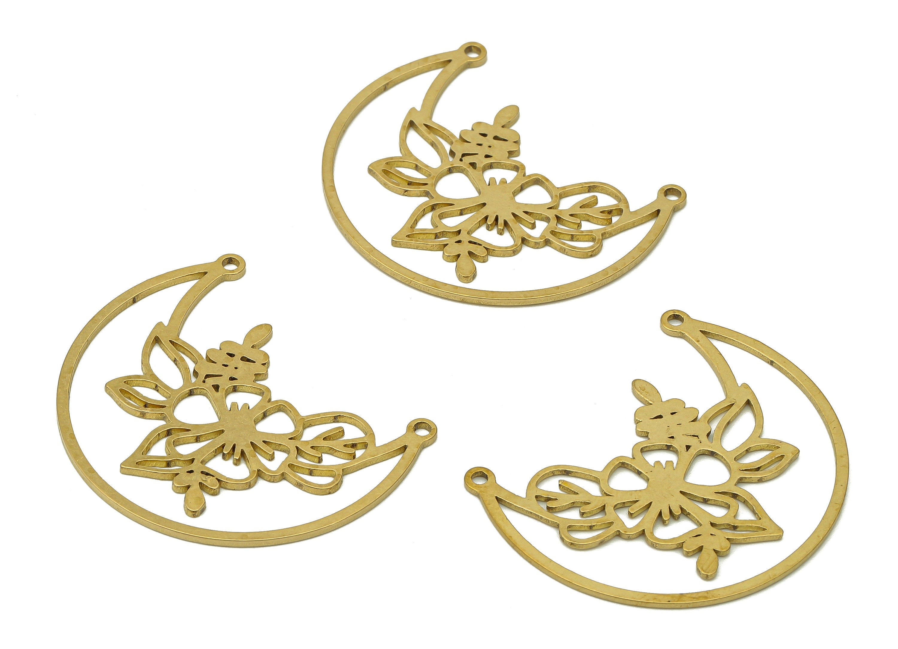 Brass Crescent Flower Earring Connector - Raw Brass Moon Pendant - Hollow Earring With 2 Loops - Leaves Charm - 34.7x30.8x0.9mm - PPA6682 - DOMEDBAZAAR
