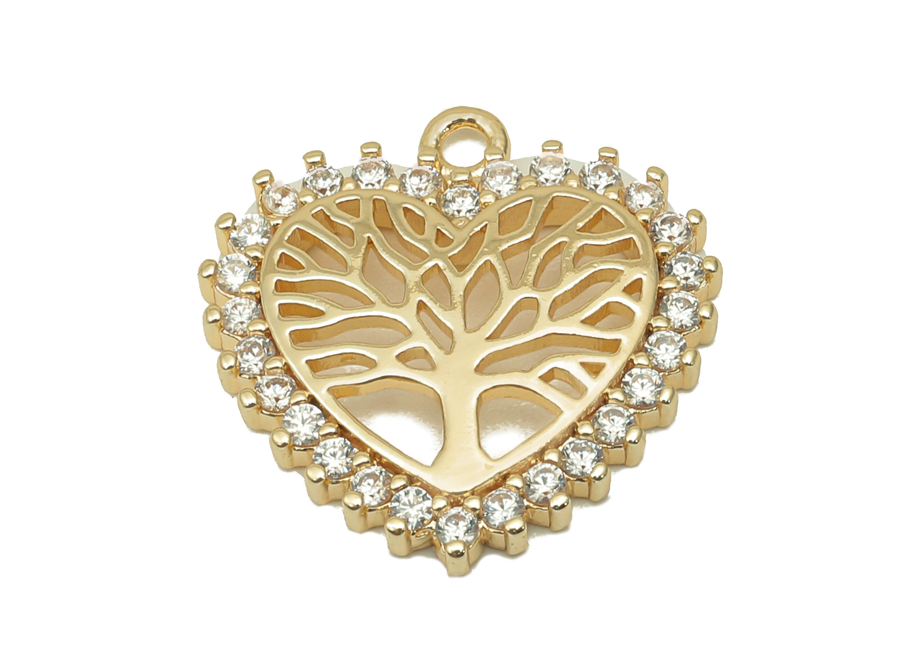 Brass Heart Earring Charm - Zircon Life Tree Heart Earring - Heart Pendant With Loop - 18K Real Gold Plating - 18.9x18.5x2.4mm - RGP5717 - DOMEDBAZAAR