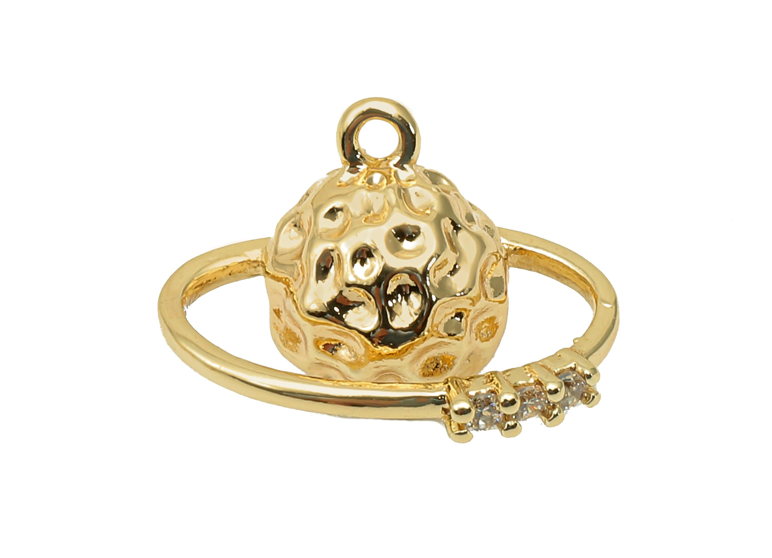 Brass Hammered Planet Earring Charm - Gold Zircon Sphere Earring - Pendant With Loop - 18K Real Gold Plating - 16.1x11.1x8.5mm - RGP5719 - DOMEDBAZAAR