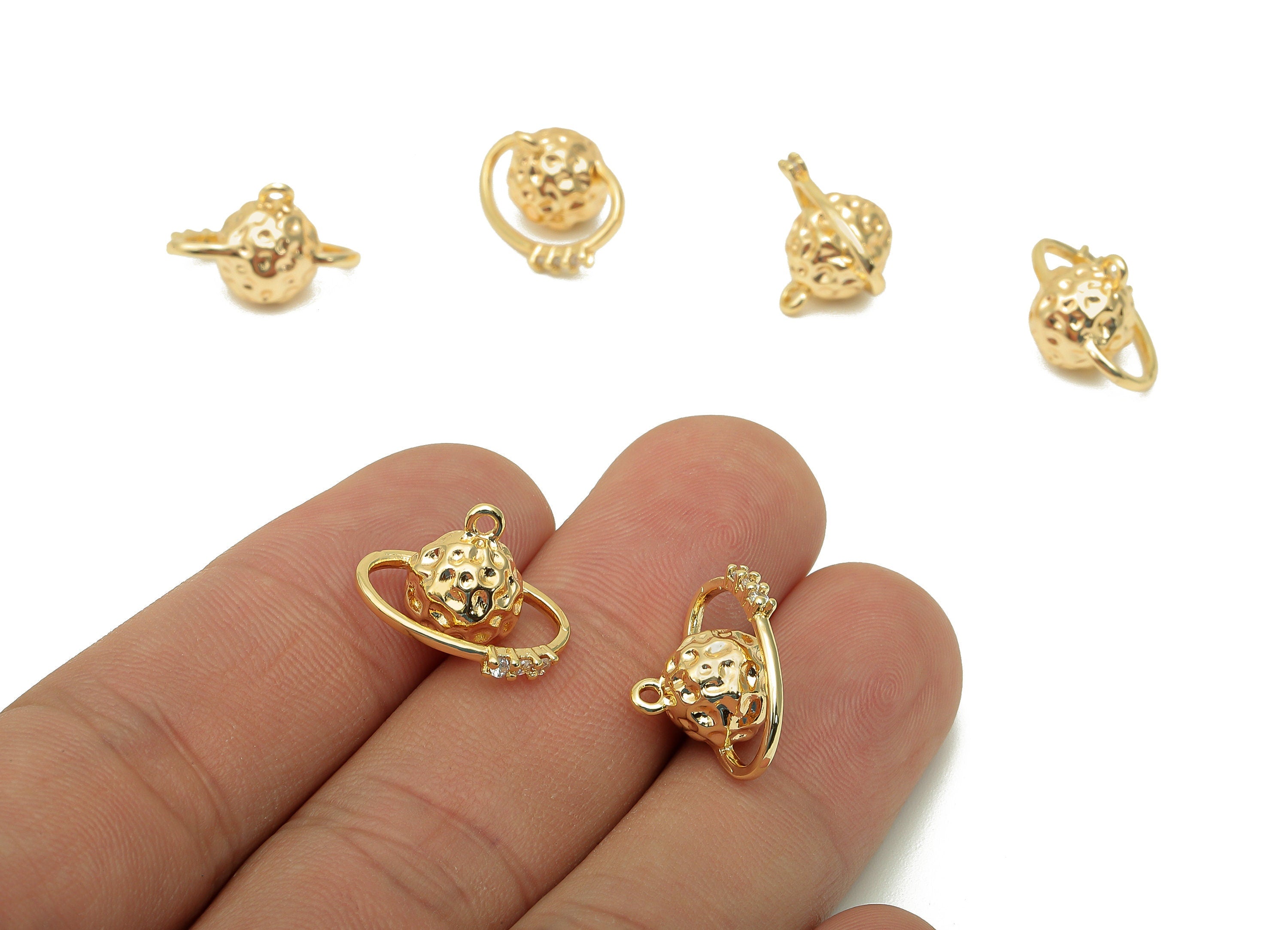 Brass Hammered Planet Earring Charm - Gold Zircon Sphere Earring - Pendant With Loop - 18K Real Gold Plating - 16.1x11.1x8.5mm - RGP5719 - DOMEDBAZAAR