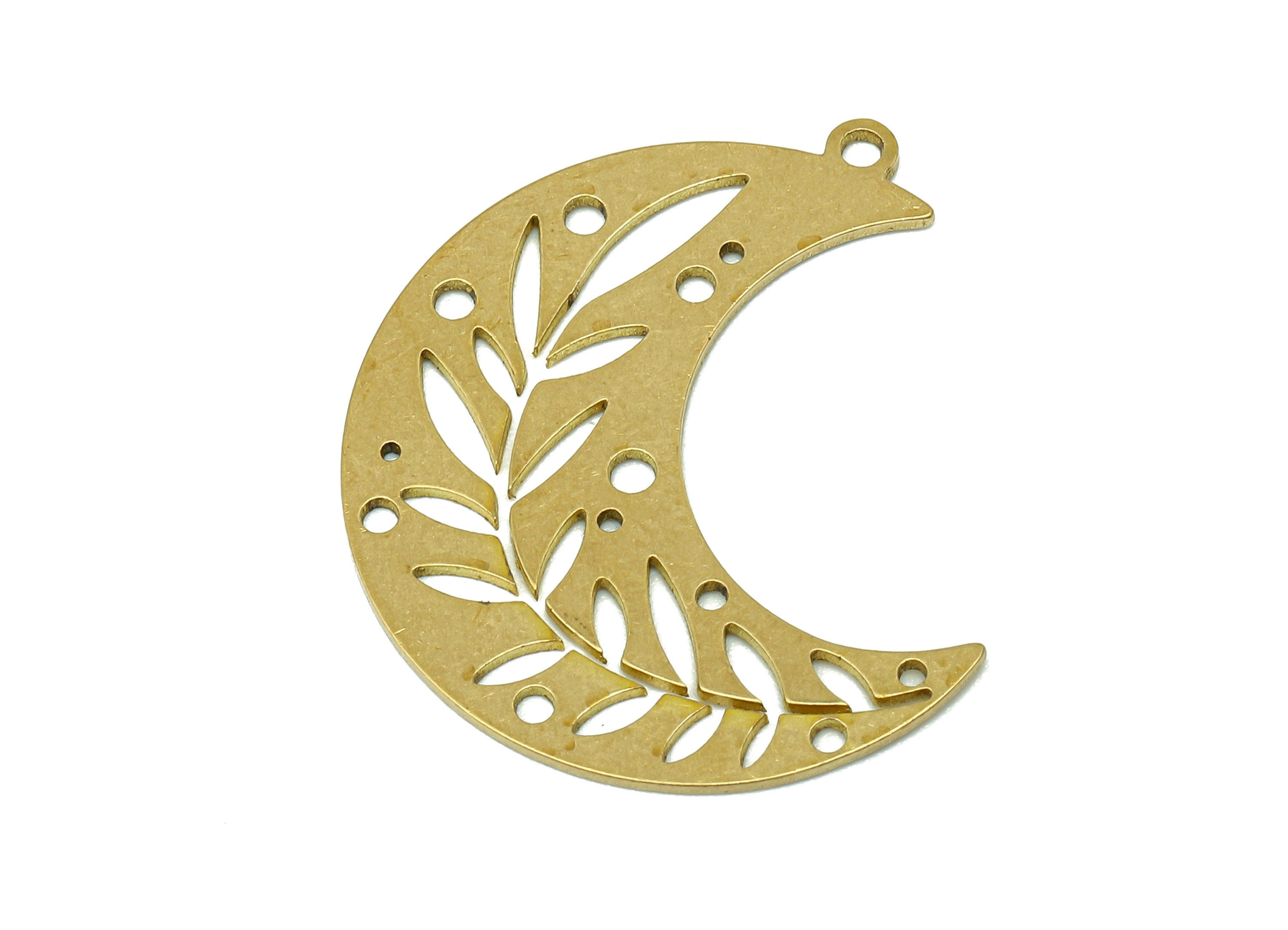 Brass Crescent Leaf Earring Charm - Raw Brass Moon Pendant - Flower Earring With Loop - Leaves Charm For Necklace - 29.7x24x0.7mm - PPA6683 - DOMEDBAZAAR