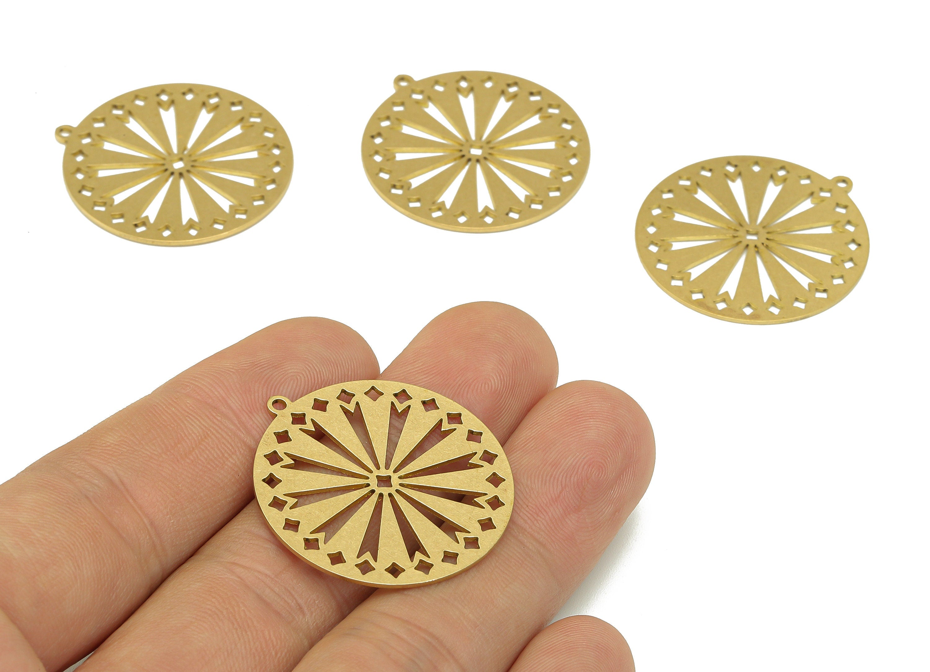 Brass Round Flower Earring Charms - Raw Brass Falling Stars Earring - Shooting Stars Pendant With Loop - 31.84x29.66x0.69mm - PPA7005 - DOMEDBAZAAR