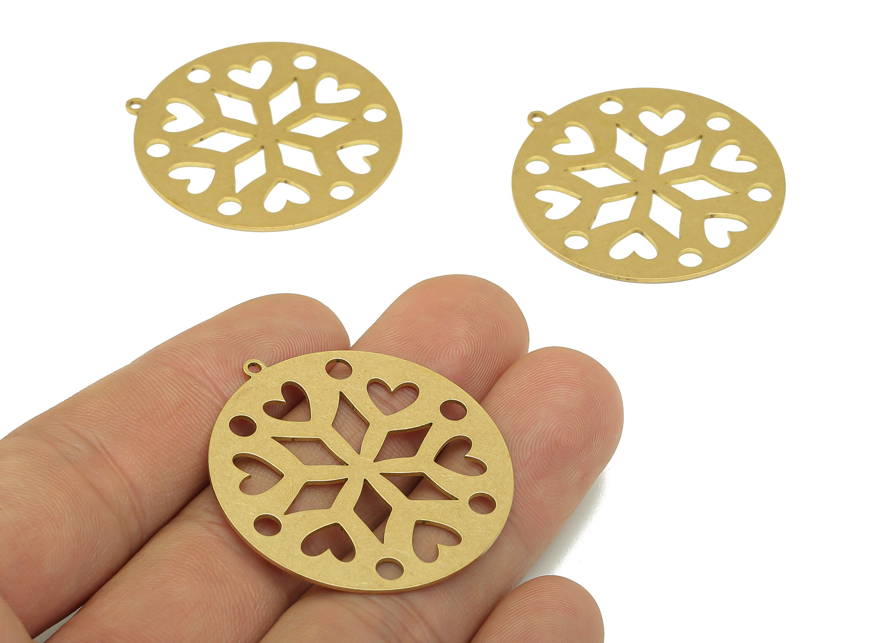 Brass Round Flower Earring Charm - Raw Brass Heart Cutout Earring - Diamond Pendant With Loop - Circle Charm - 37.81x35.63x0.68mm - PPA7006 - DOMEDBAZAAR