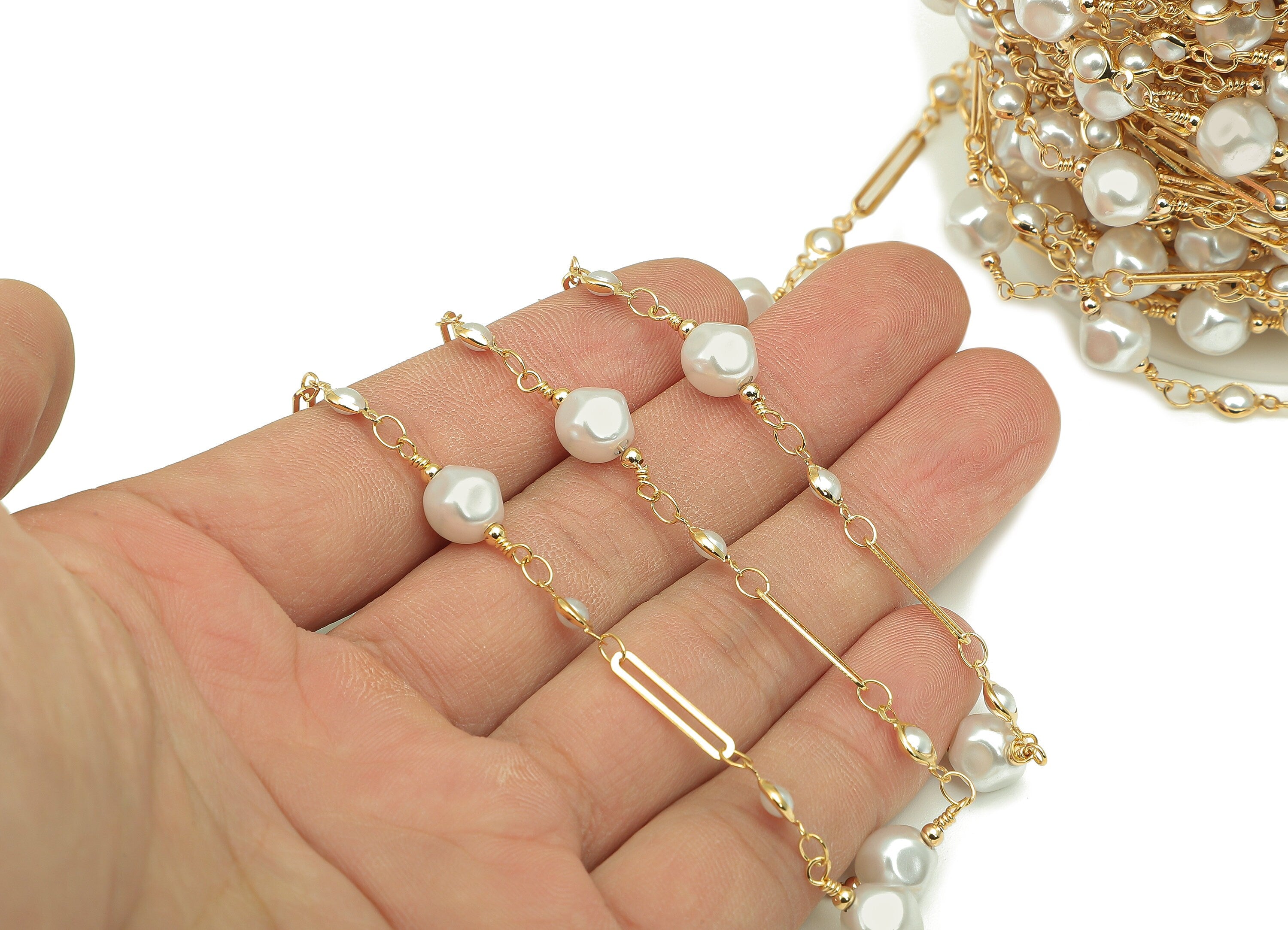Brass Long Rectangle Chain - Gold Bar Satellite Chain - Pearl Satellite Chain - 18K Chains For Necklace - 19.8x7.7x7.7mm - RGP5909 - DOMEDBAZAAR