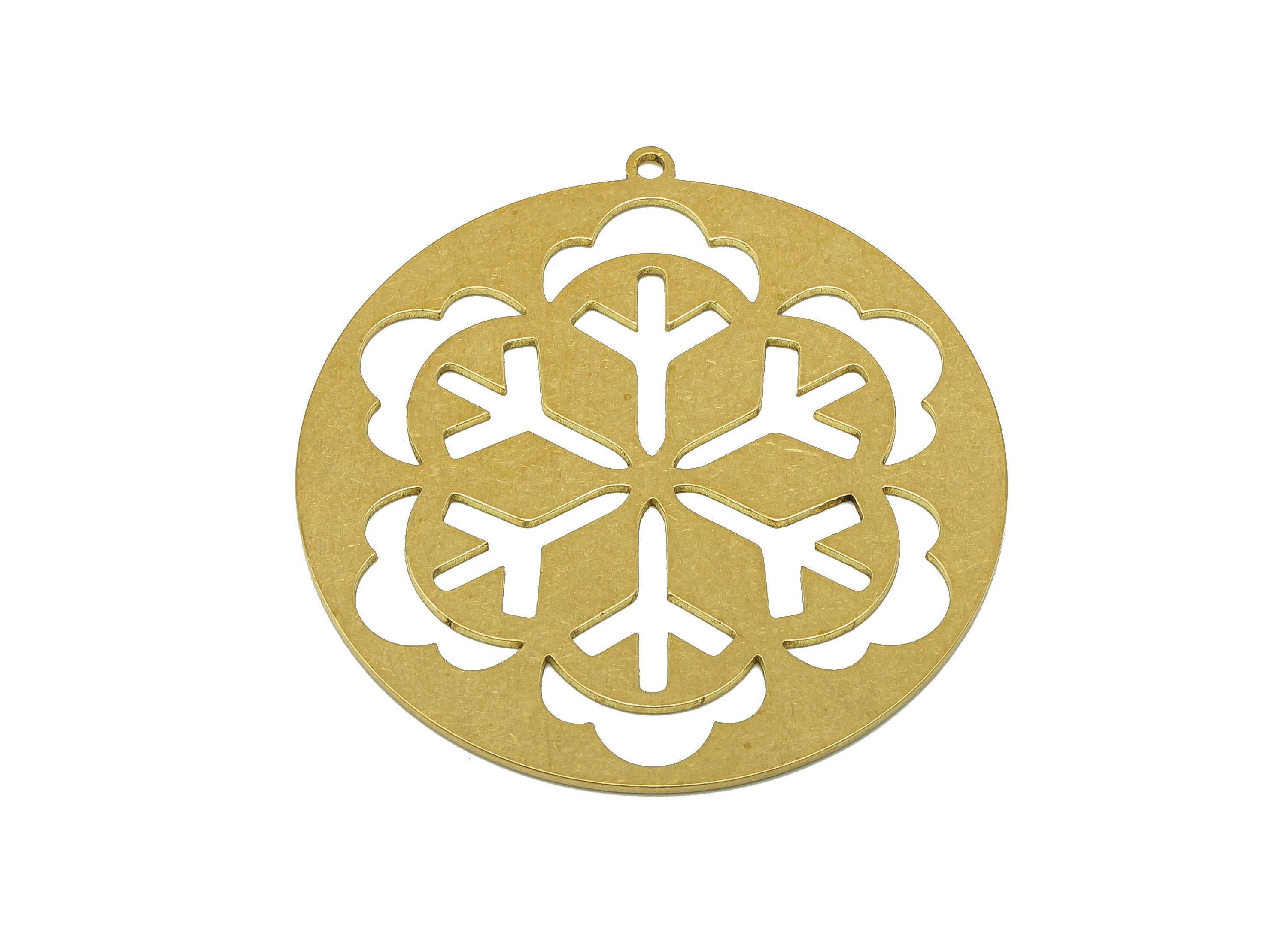Brass Round Snowflake Earring Charm - Raw Brass Flower Cutout Earring - Circle Pendant With Loop - For Necklace - 41.9x39.6x0.68mm - PPA7012 - DOMEDBAZAAR