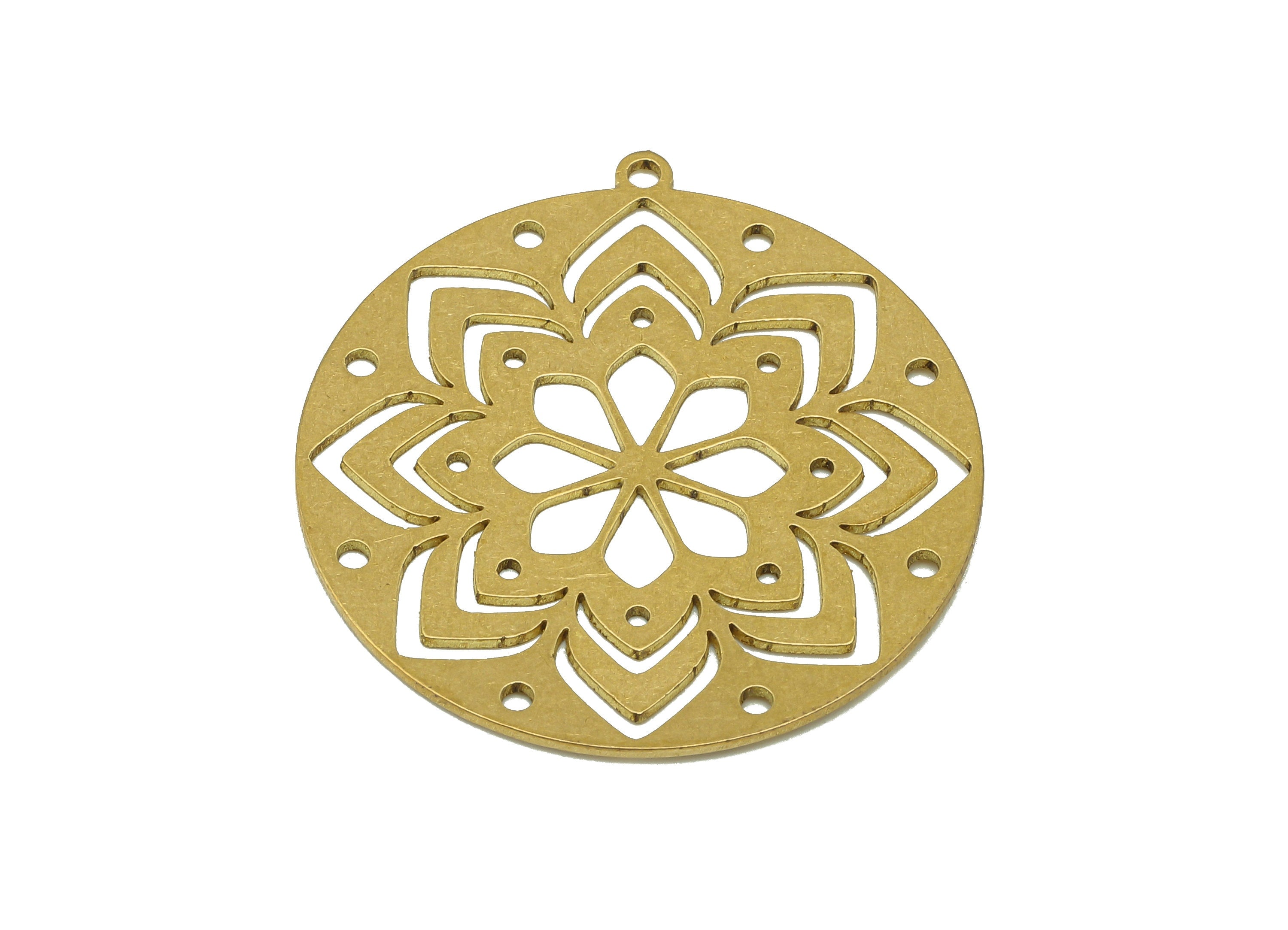 Brass Round Flower Earring Charms - Raw Brass Botanical Cutout Earring - Circle Pendant With Loop - For Necklace - 34.8x32.6x0.7mm - PPA7014 - DOMEDBAZAAR