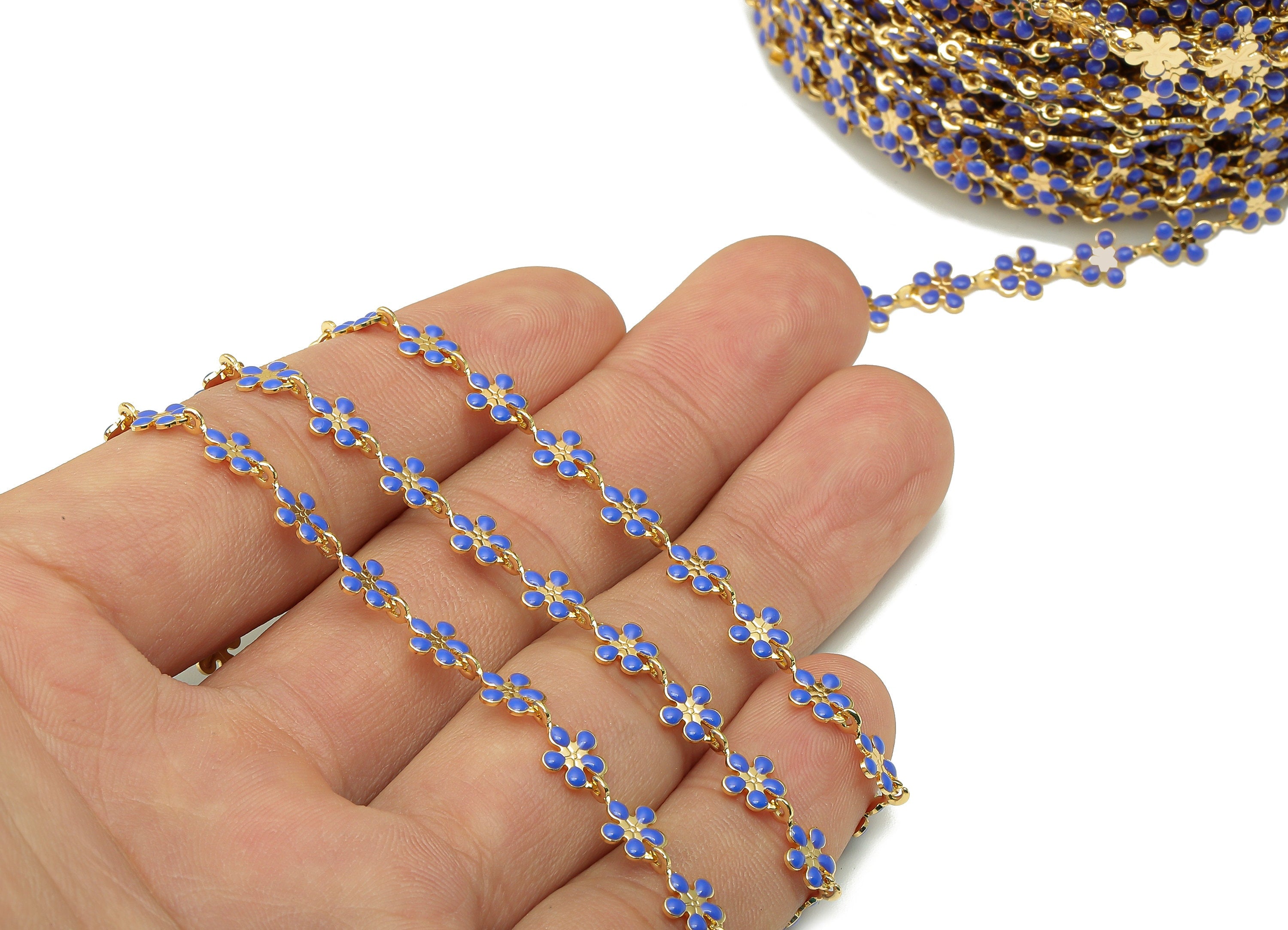 Enamel Daisy Chain - Satellite Bead Cable Chain - Blue Flower Bead Chain - 18K Chains - 9.48x5.9x0.77mm - RGP5798C - DOMEDBAZAAR