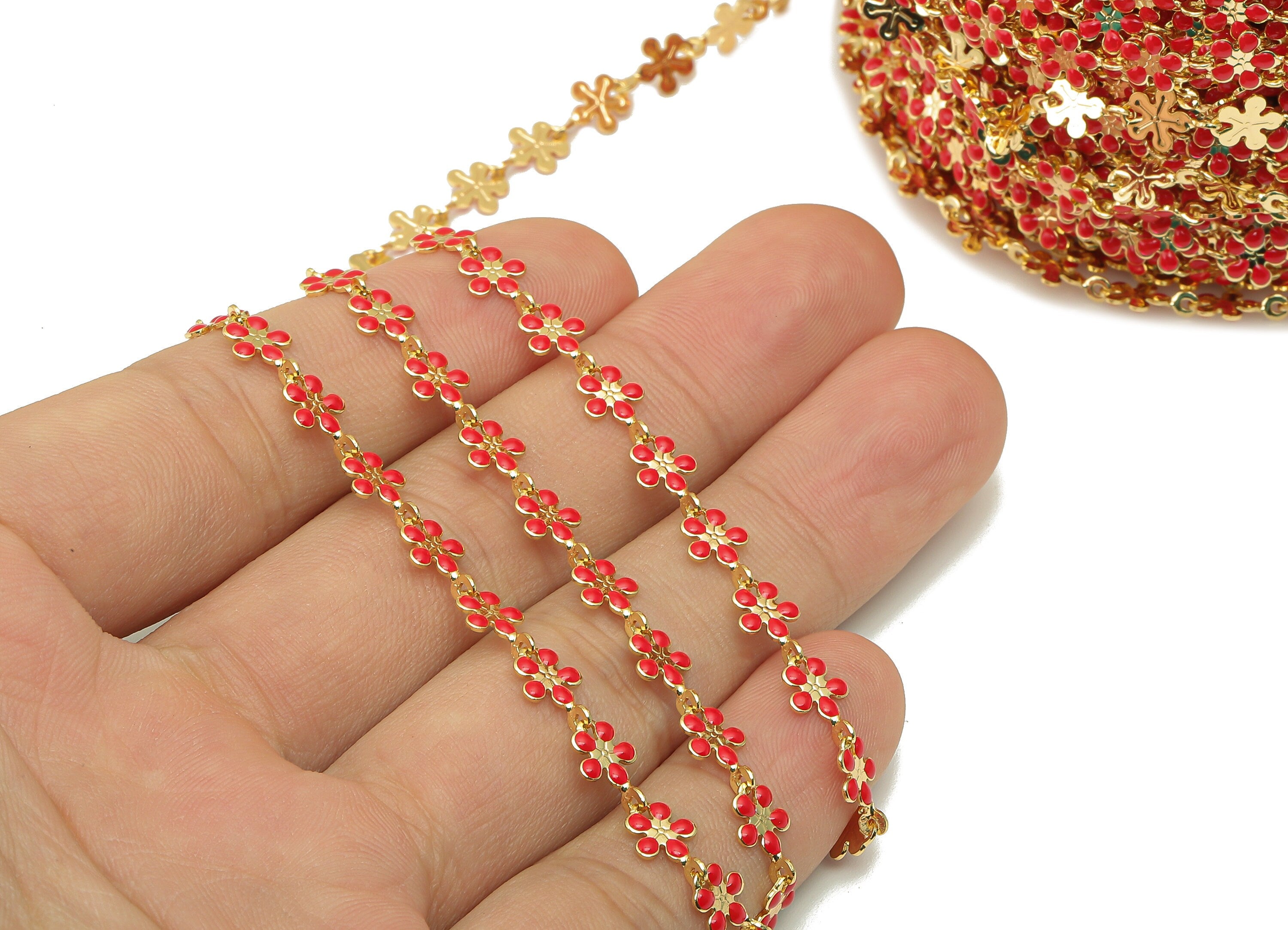 Enamel Daisy Chain - Satellite Bead Cable Chain - Red Flower Bead Chain - 18K Chains - 9.48x5.9x0.77mm - RGP5798E - DOMEDBAZAAR