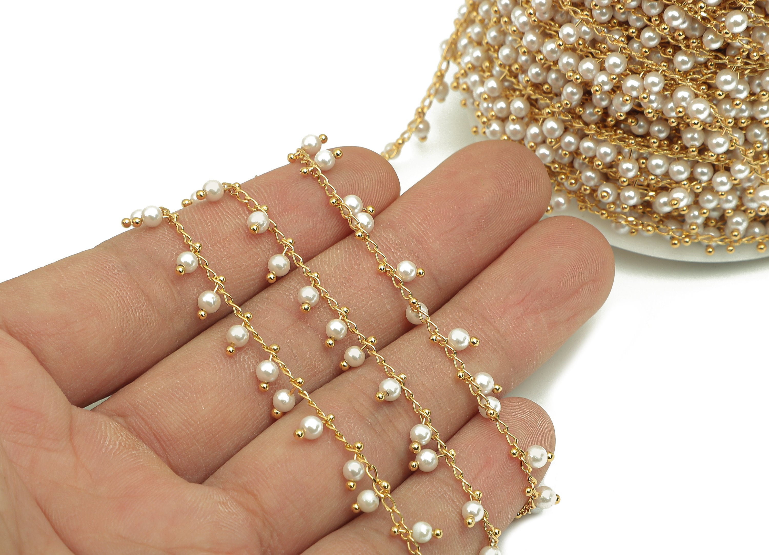 Brass Mini Curb Chain - Gold Satellite Curb Chain - Pearl Satellite Curb Chain - 18K Chains For Necklace - 8.8x3.1x3.1mm - RGP6331 - DOMEDBAZAAR