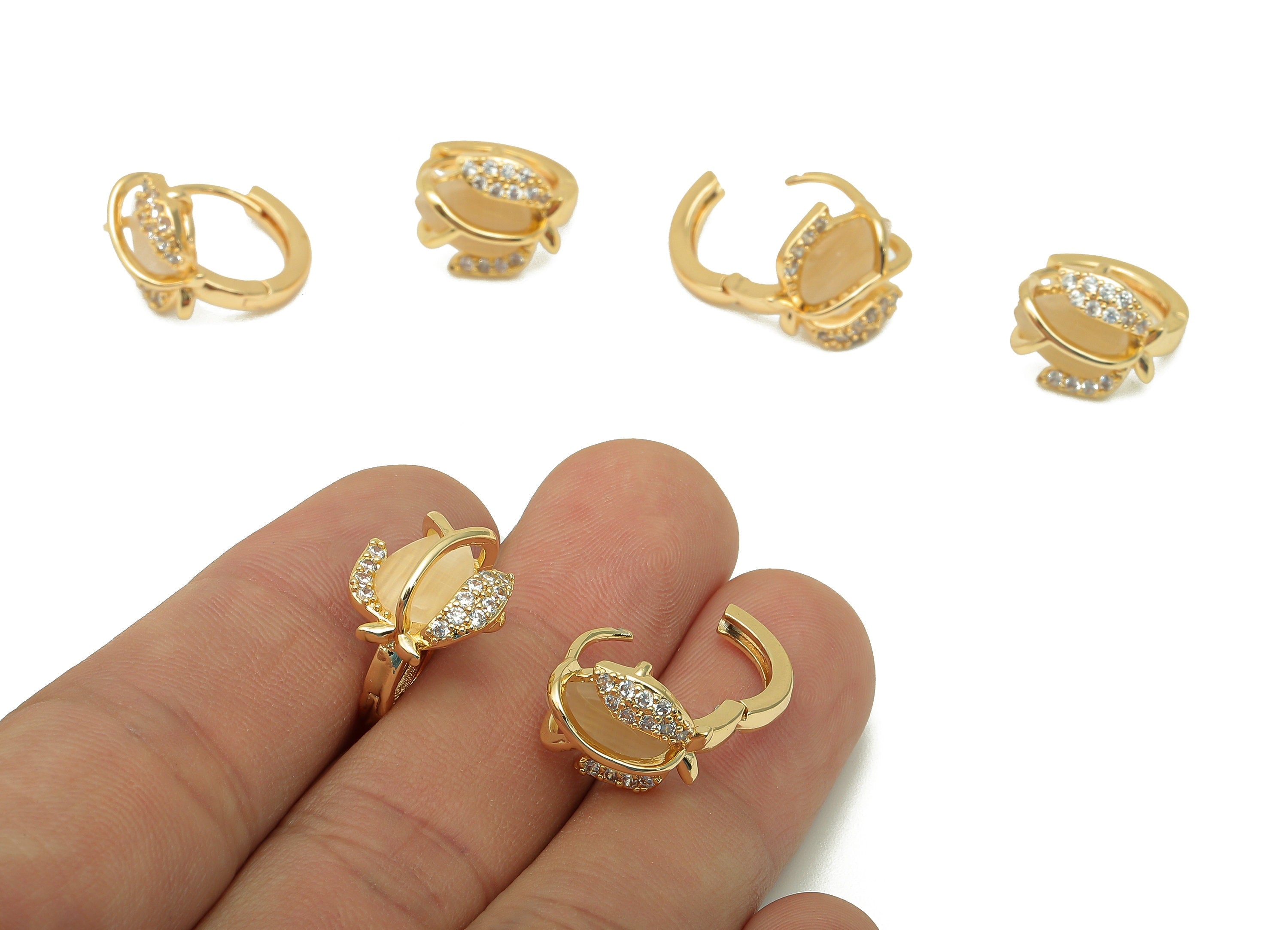 Brass Zircon Peach Earring Clasp - Cat Eye Stone Fruit Hoop Earring - Hoop Clasp Earring- 18K Real Gold Plating - 18.5x14.3x2.1mm - RGP5722 - DOMEDBAZAAR