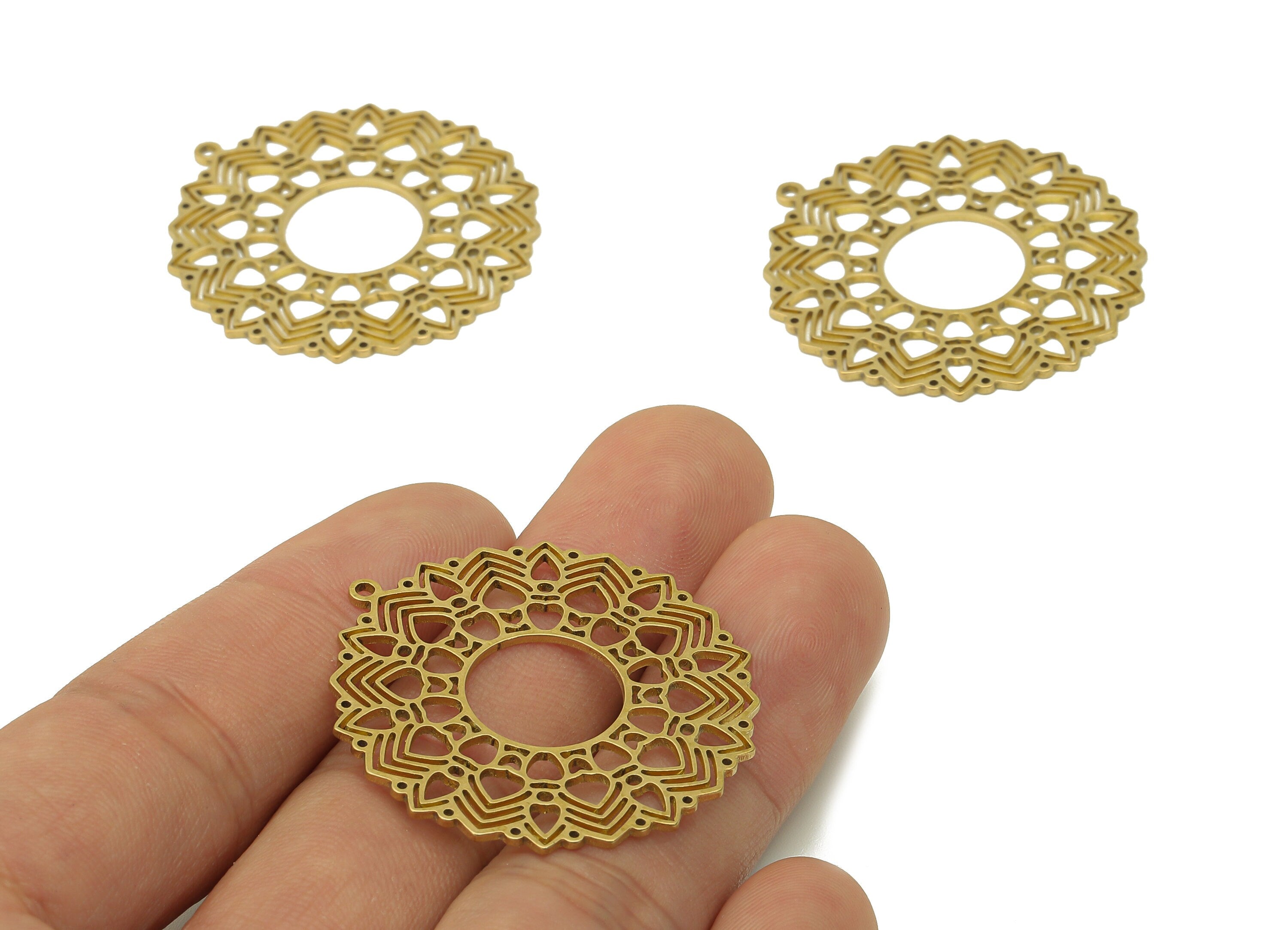 Brass Sunflower Earring Charms - Raw Brass Hollow Flower Earring - Botanical Pendant With Loop - For Necklace - 37.9x35.4x0.9mm - PPA6820 - DOMEDBAZAAR