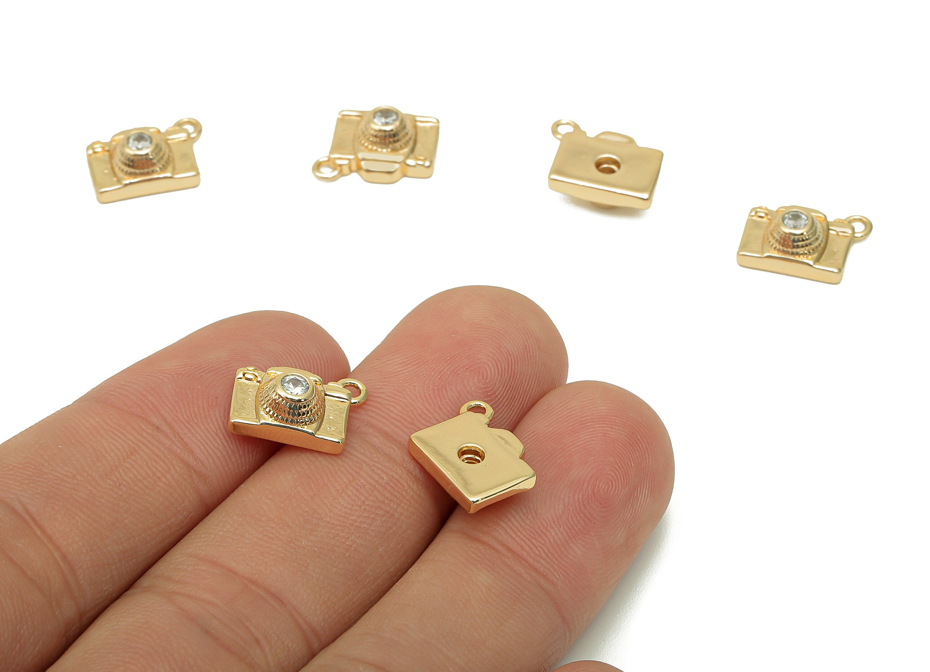 Brass Mini Camera Earring - Zircon Camera Spot Charm - Dots Camera Pendant With Loop - 18K Real Gold Plating - 12.7x9.5x4.8mm -RGP5723 - DOMEDBAZAAR