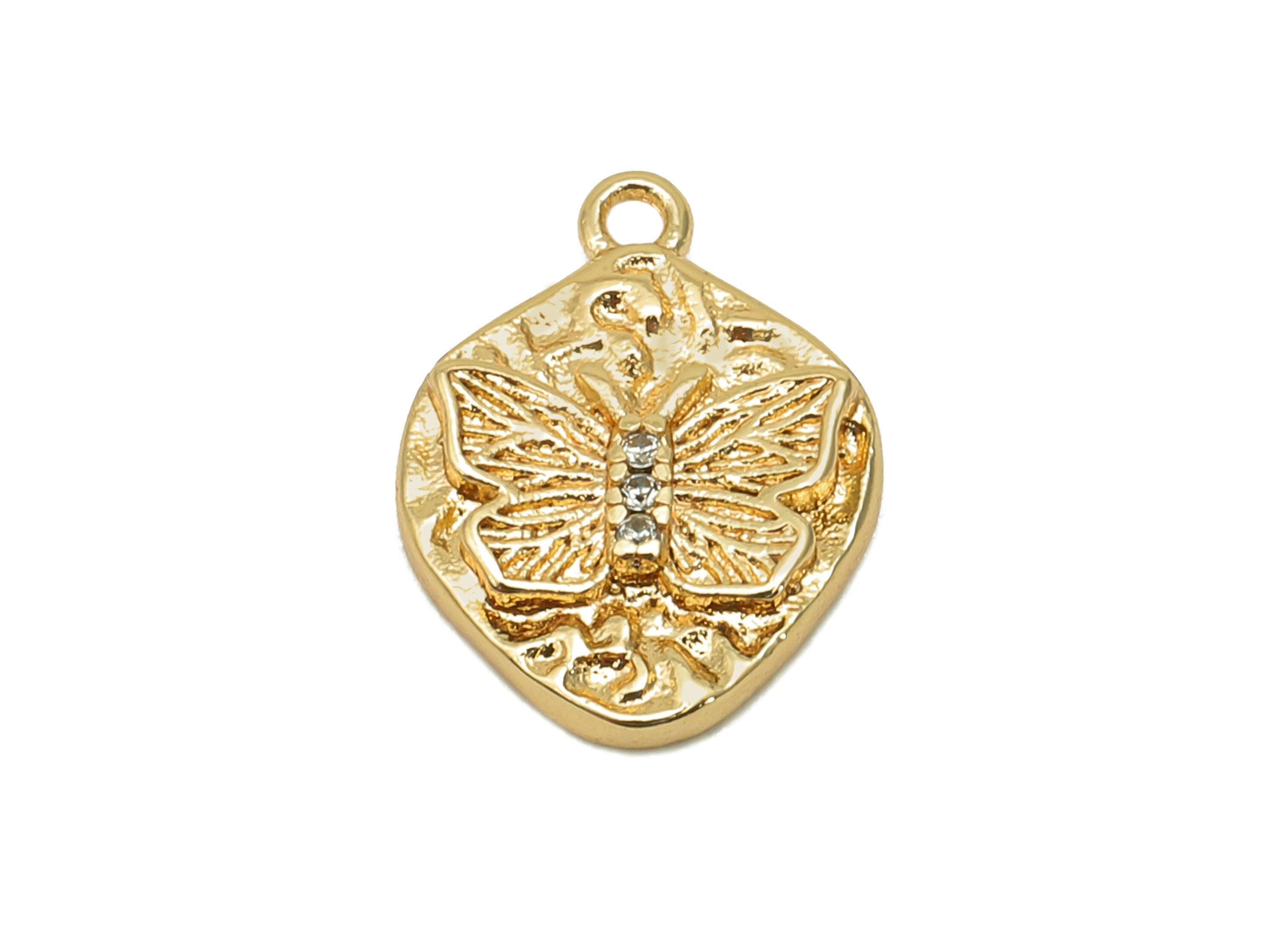 Brass Hammered Butterfly Earring Charm - Zircon Mini Oval Earring - Pendant With Loop - 18K Real Gold Plating - 13.3x10x2.3mm - RGP5728 - DOMEDBAZAAR