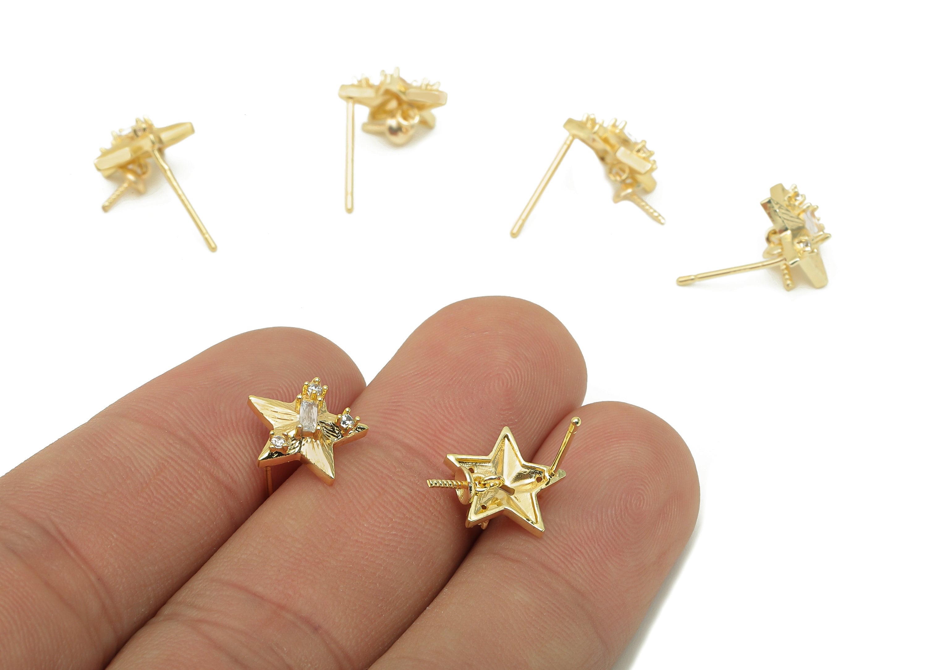 Brass Zircon Star Earring Post - Star Stud Earring With Loop - 925 Silver Stud - 18K Real Gold Plating - 14.3x11.1x3.3mm - RGP5731 - DOMEDBAZAAR