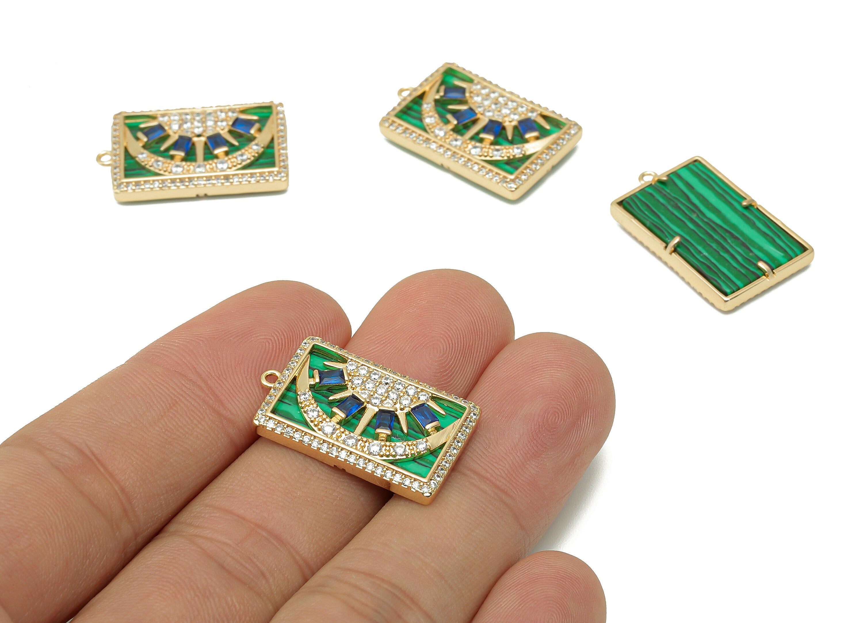Brass Synthetic Stone Rectangle Charm - Zircon Crescent Sun Green Earring - Pendant With Loop -18K Real Gold Plating-25.1x15.2x3.4mm-RGP5733 - DOMEDBAZAAR
