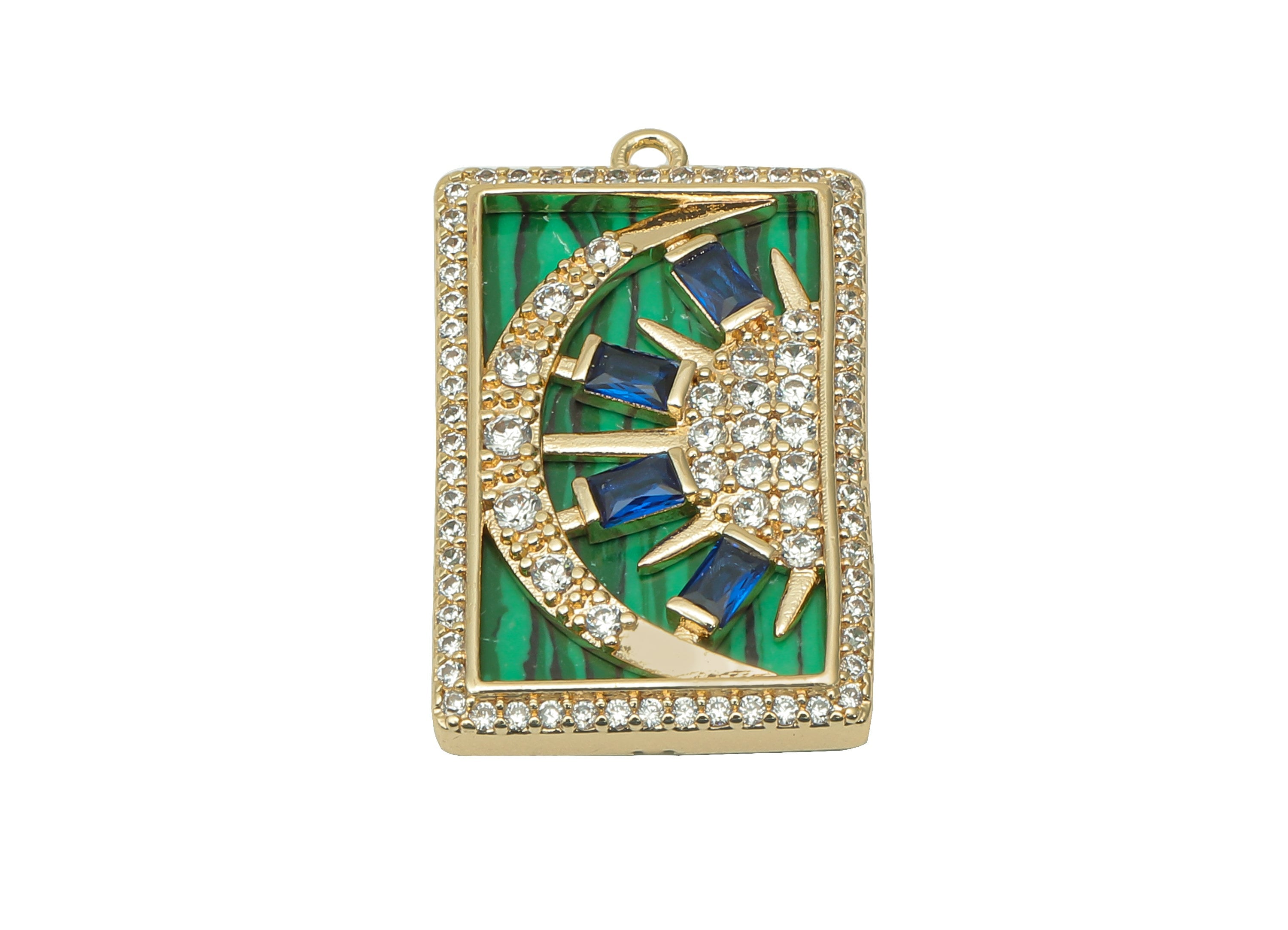 Brass Synthetic Stone Rectangle Charm - Zircon Crescent Sun Green Earring - Pendant With Loop -18K Real Gold Plating-25.1x15.2x3.4mm-RGP5733 - DOMEDBAZAAR