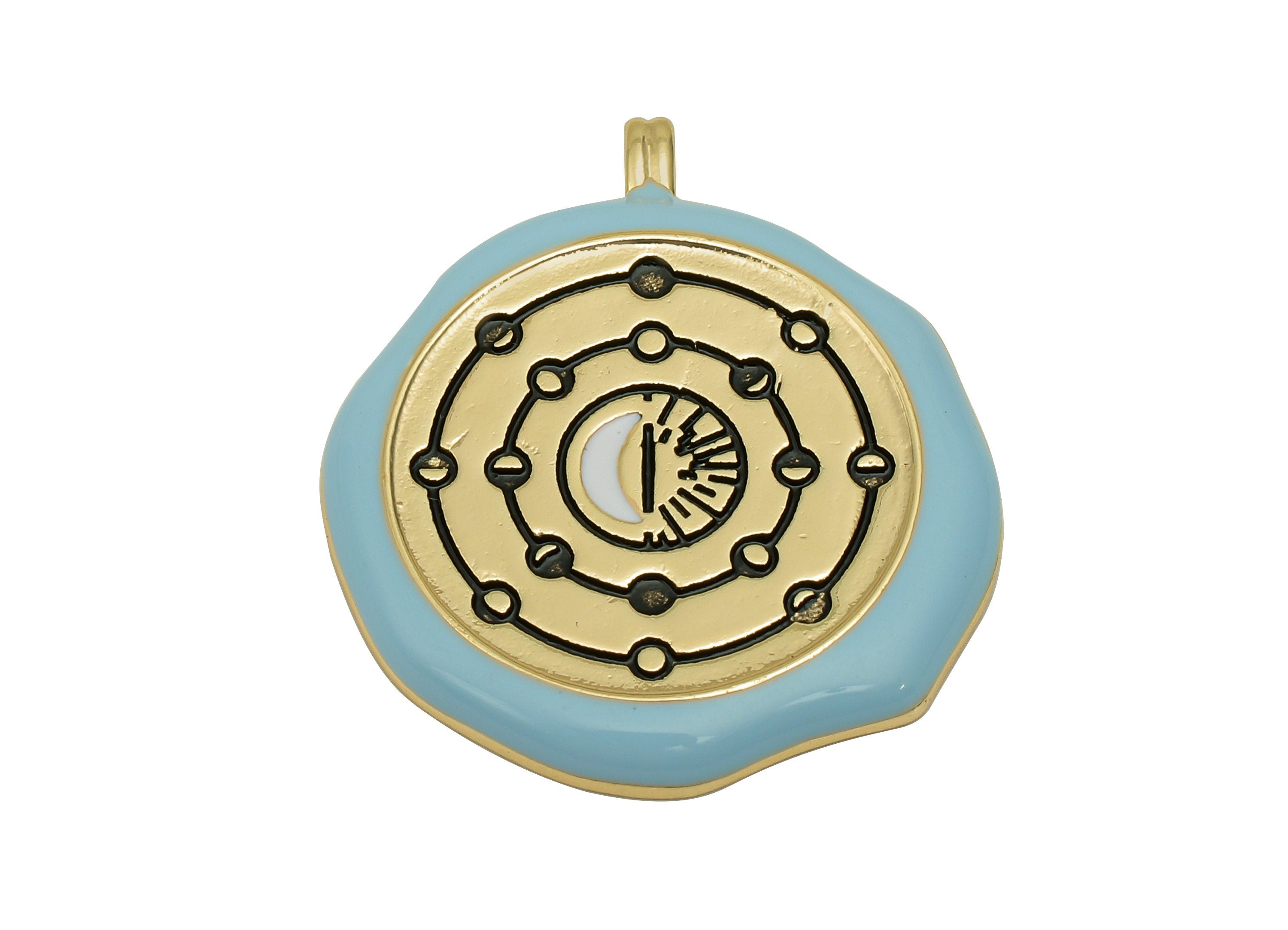 Brass Enamel Round Sun Charm - Blue Circle Moon Phase Earring - Crescent Pendant With Loop - 18K Real Gold Plating - 31.1x27.3x2.8mm-RGP5735 - DOMEDBAZAAR