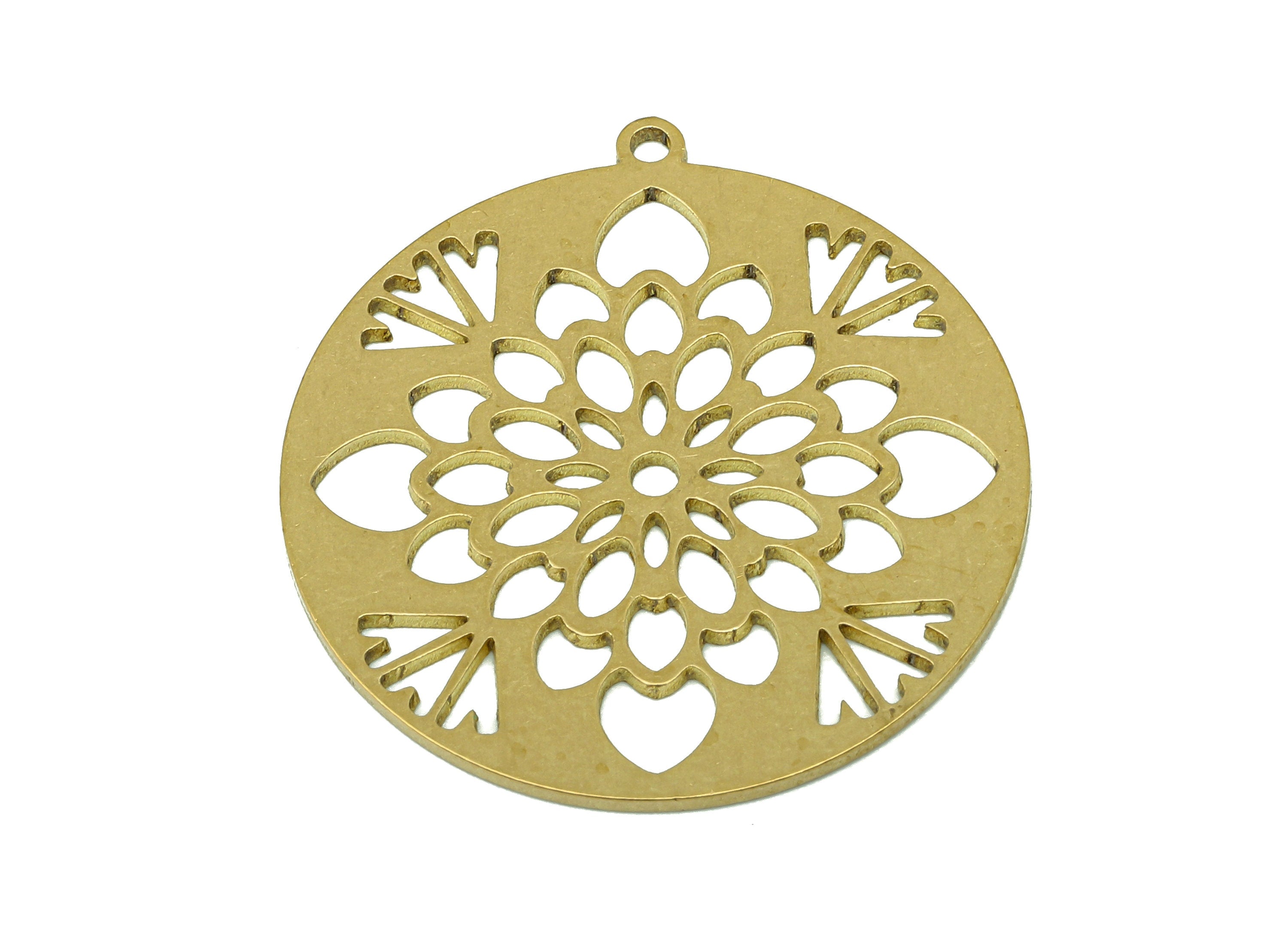 Brass Round Flower Earring Charms - Raw Brass Heart Cutout Earring - Circle Pendant With Loop - For Necklace - 31.9x29.6x0.9mm - PPA6844 - DOMEDBAZAAR