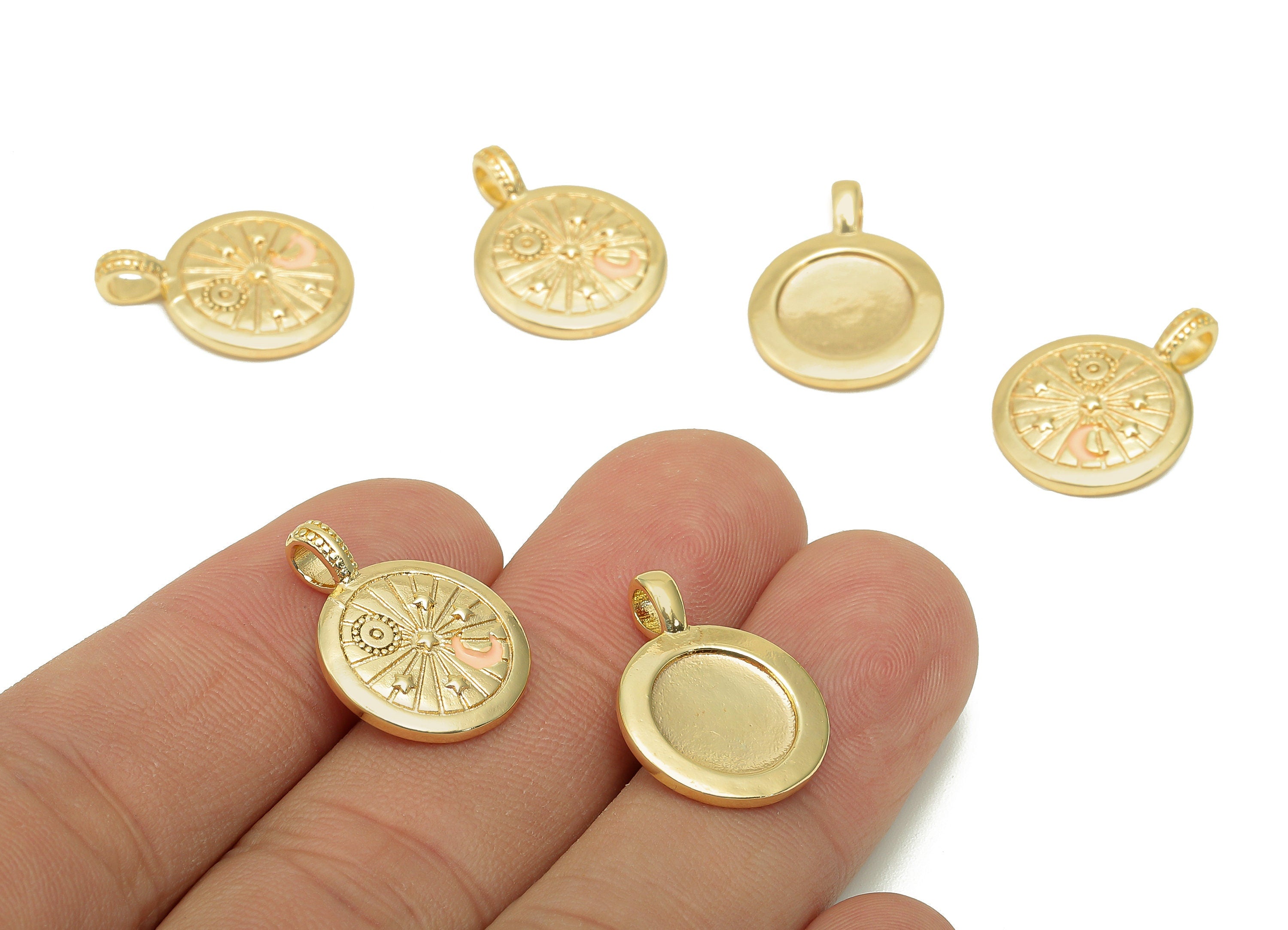 Brass Star Thick Round Charm - Enamel Crescent Circle Earring - Star Pendant With Loop - 18K Real Gold Plating - 19.9x14.9x1.9mm - RGP5739 - DOMEDBAZAAR