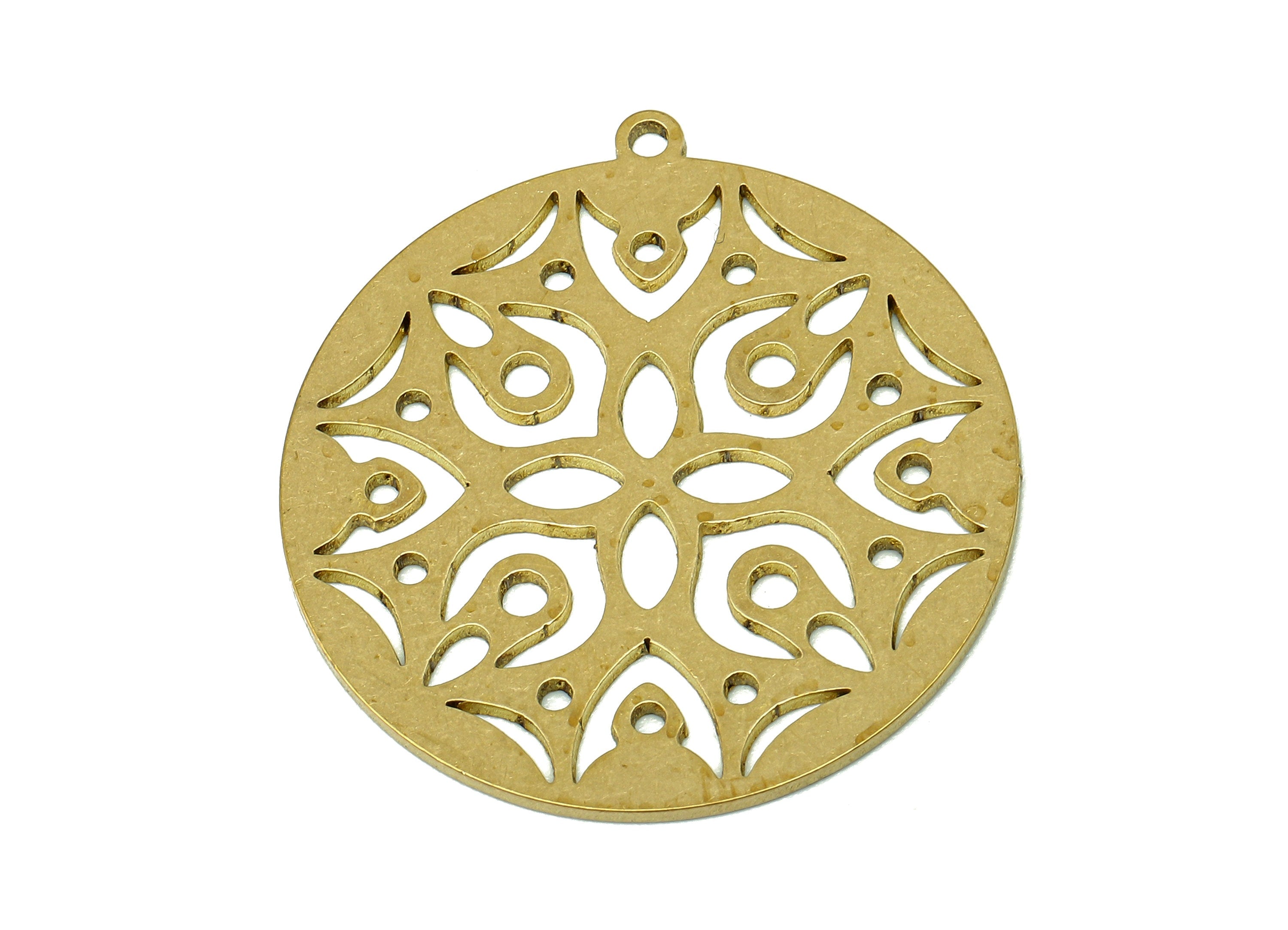 Brass Round Flower Earring Charms - Raw Brass Botanical Cutout Earring - Circle Pendant With Loop - For Necklace - 31.8x29.6x0.9mm - PPA6861 - DOMEDBAZAAR