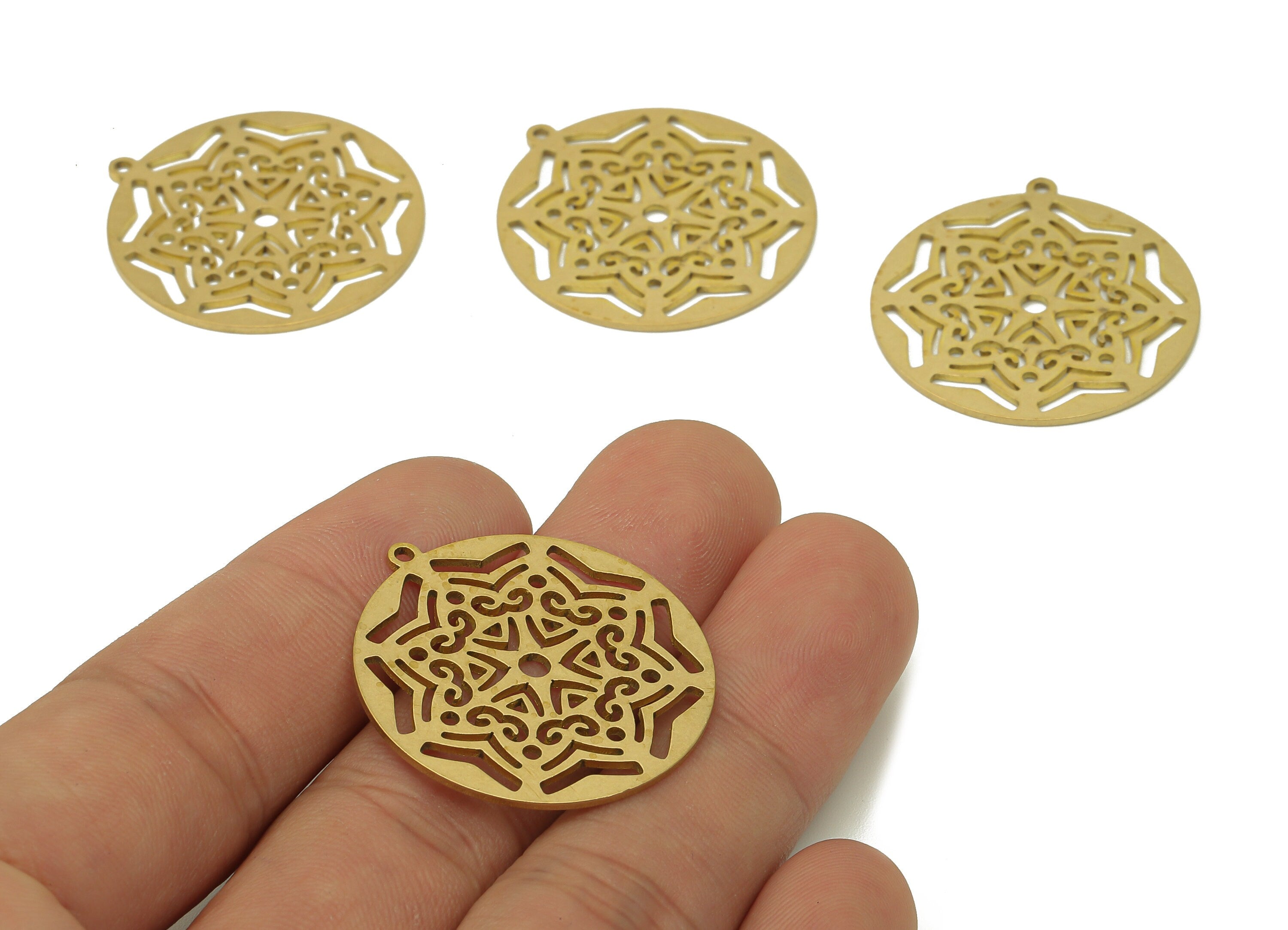 Brass Round Flower Earring Charms - Raw Brass Flower Cutout Earring - Circle Pendant With Loop - For Necklace - 31.8x29.6x0.9mm - PPA6884 - DOMEDBAZAAR