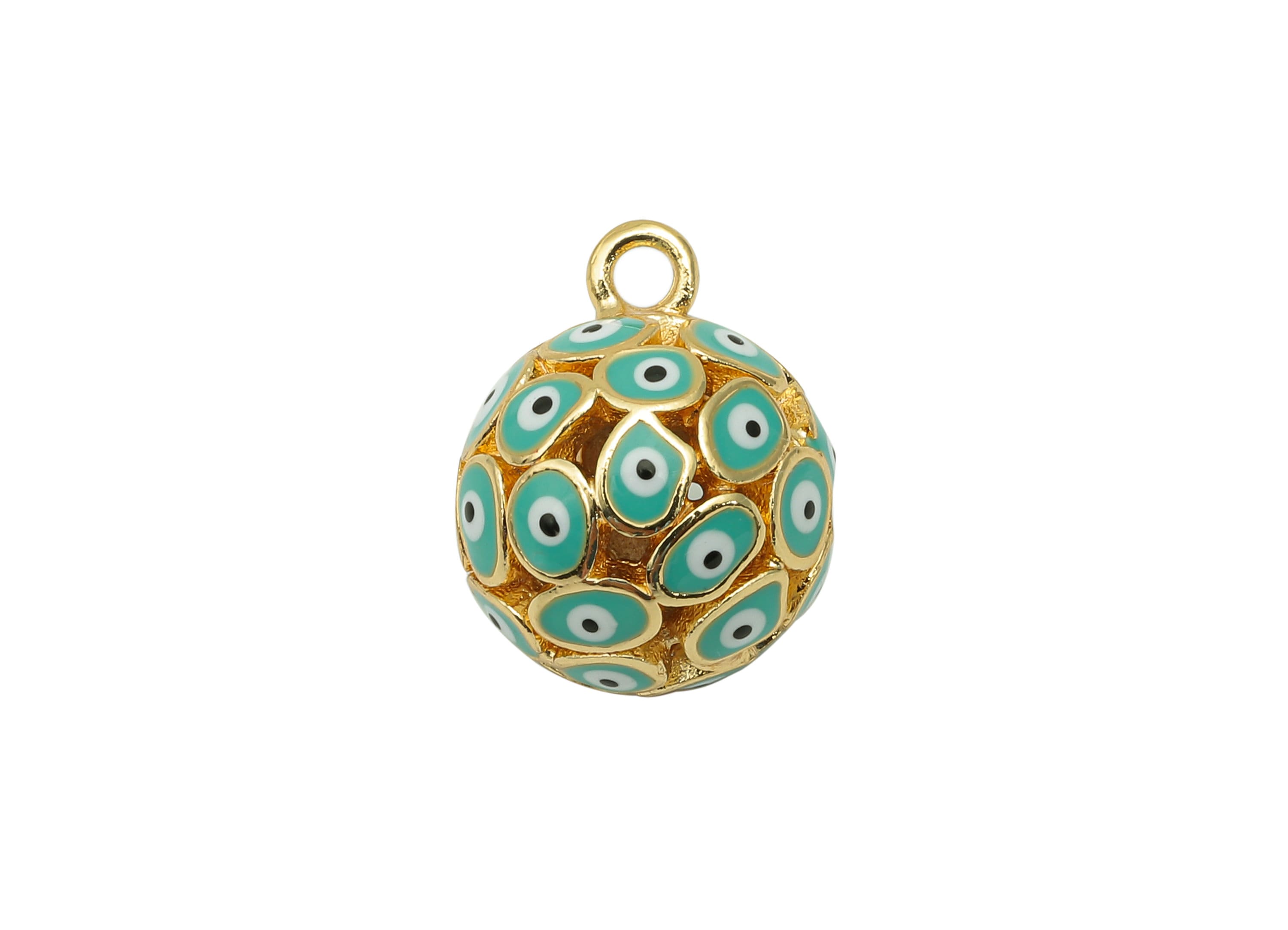 Brass Aqua Ball Eye Pendant - Enamel Hollow Ball Earring - Necklace Charm With Loop - 18K Real Gold Plating - 15.3x12.3x12.3mm - RGP5745C - DOMEDBAZAAR