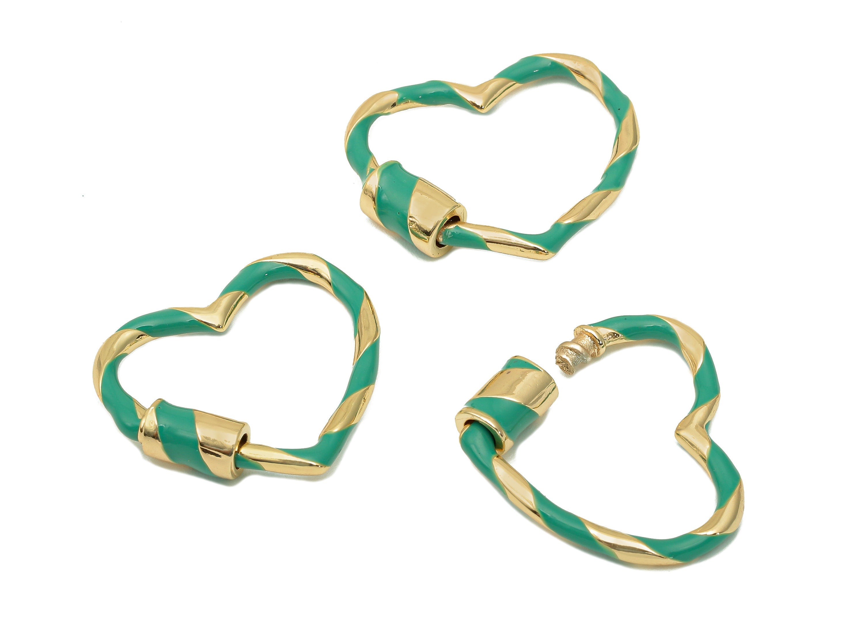 Brass Enamel Heart Screw Clasp - Green Twisted Turnbuckle Lock - Heart Buckle Carabiner - 18K Real Gold Plating - 21.9x25.4x2.3mm - RGP5748 - DOMEDBAZAAR