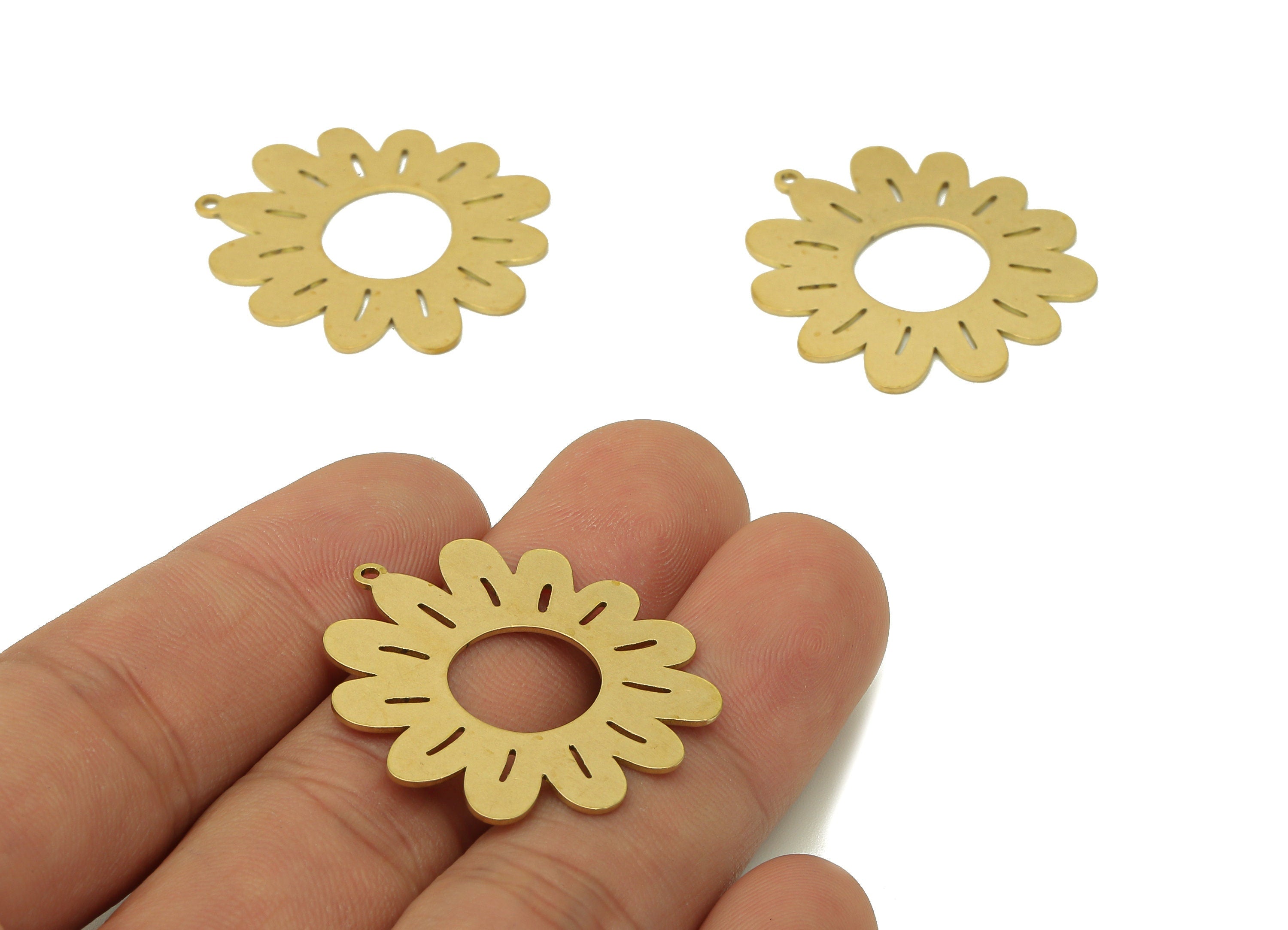 Brass Flower Earring Charms - Raw Brass Flower Earring - Flower Pendant With Loop - Botanical Charm For Necklace - 32.1x29.3x0.7mm - PPA6921 - DOMEDBAZAAR