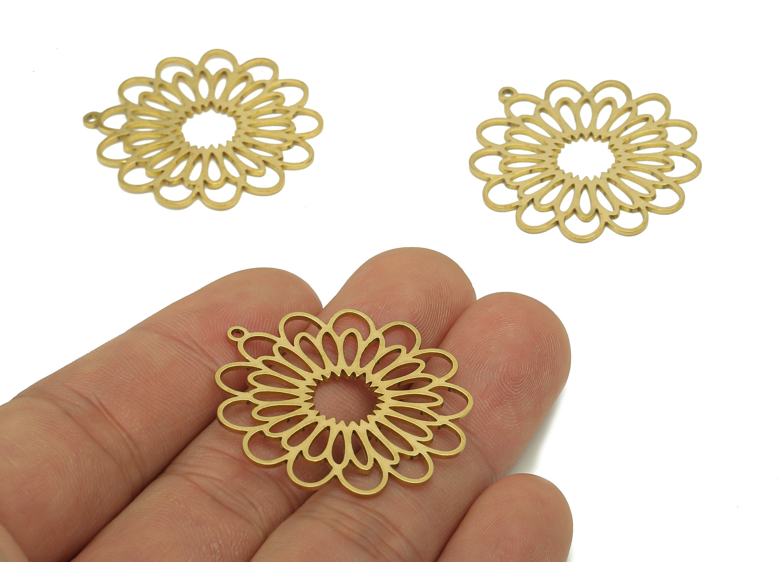 Brass Sunflower Earring Charms - Raw Brass Hollow Flower Earring - Botanical Pendant With Loop - For Necklace - 35x32.7x0.8mm - PPA6948 - DOMEDBAZAAR