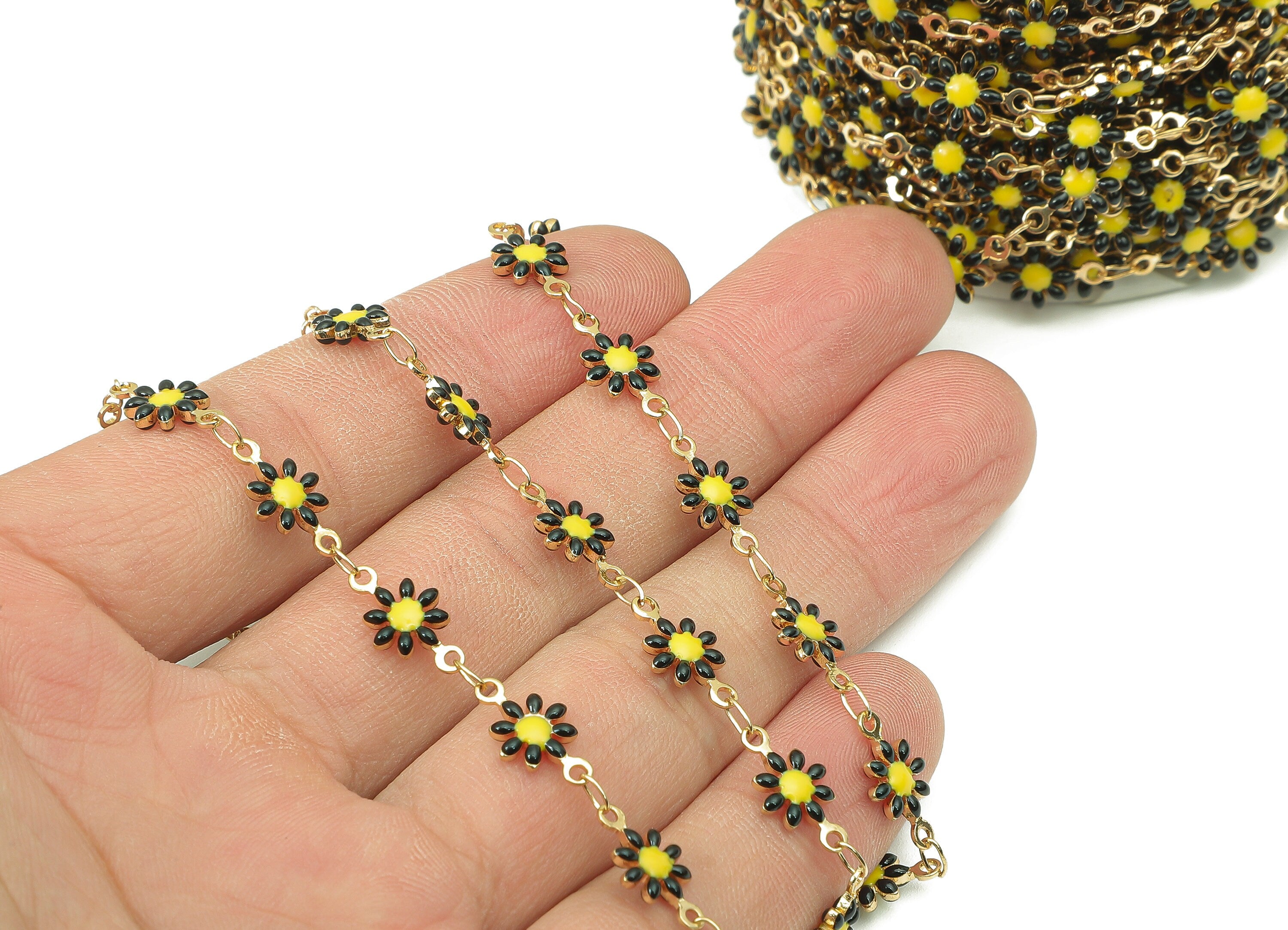 Brass Daisy Chain - Enamel Black Flower Chains - Floral Link Chain Findings - For Bracelet - 18K Real Gold Plating - 13x7.2x2mm - RGP4534 - DOMEDBAZAAR