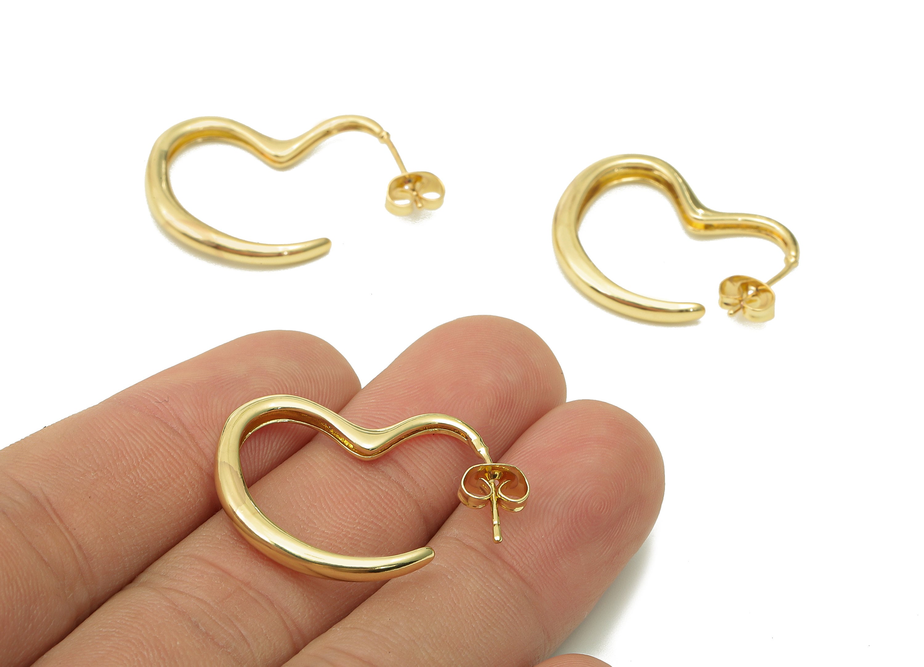 Brass Open Heart Earring Post - Heart Hoop Stud Earring - Earring Stud - 925 Silver Stud - 18K Real Gold Plating - 27.3x21.1x3.4mm - RGP5435 - DOMEDBAZAAR