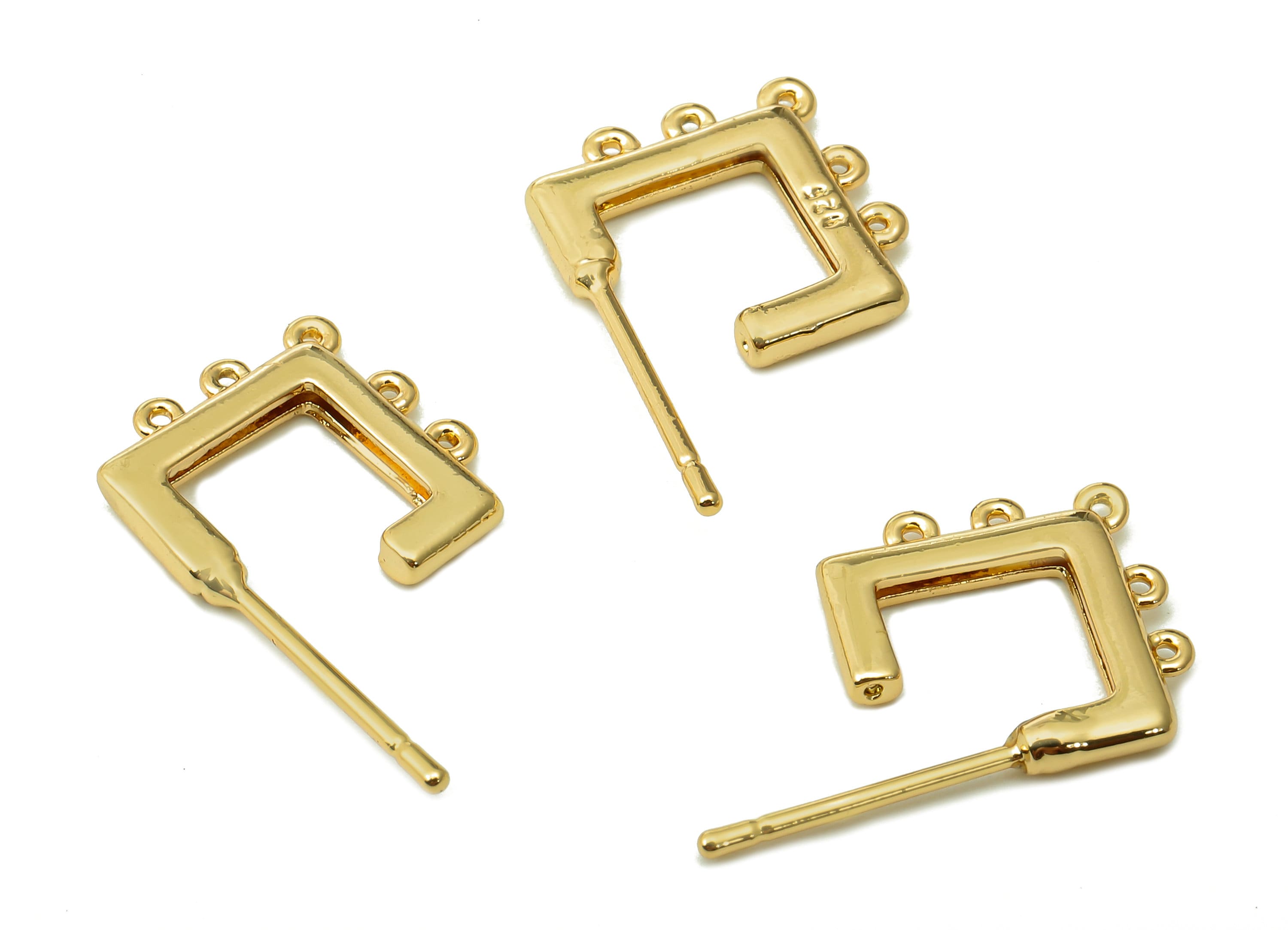 Brass Open Square Stud Earring - Hoop Earring Post With 5 Loops - 316 Stainless Steel - 18K Real Gold Plating - 14.9x12.3x1.7mm - RGP5453 - DOMEDBAZAAR