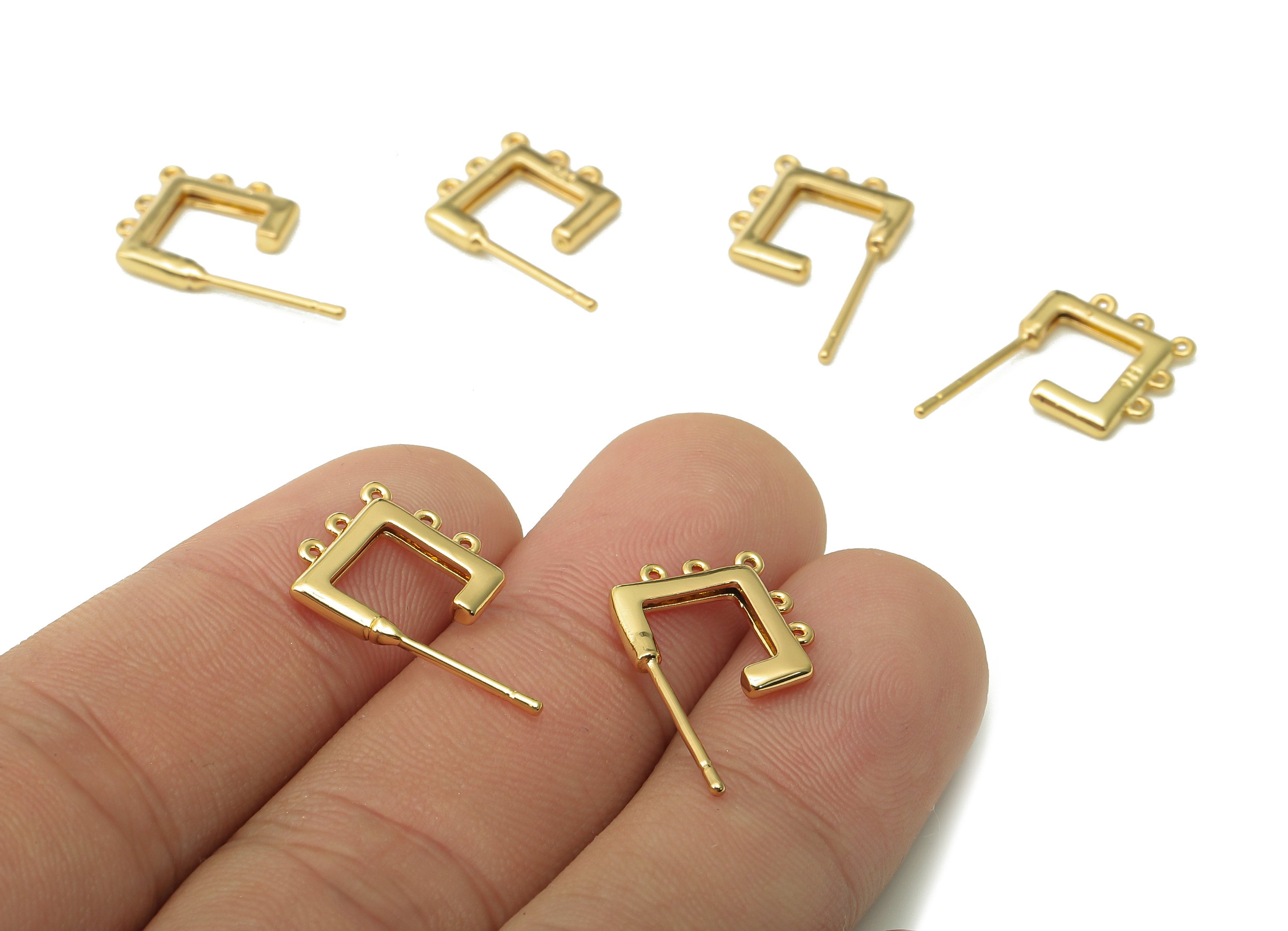 Brass Open Square Stud Earring - Hoop Earring Post With 5 Loops - 316 Stainless Steel - 18K Real Gold Plating - 14.9x12.3x1.7mm - RGP5453 - DOMEDBAZAAR