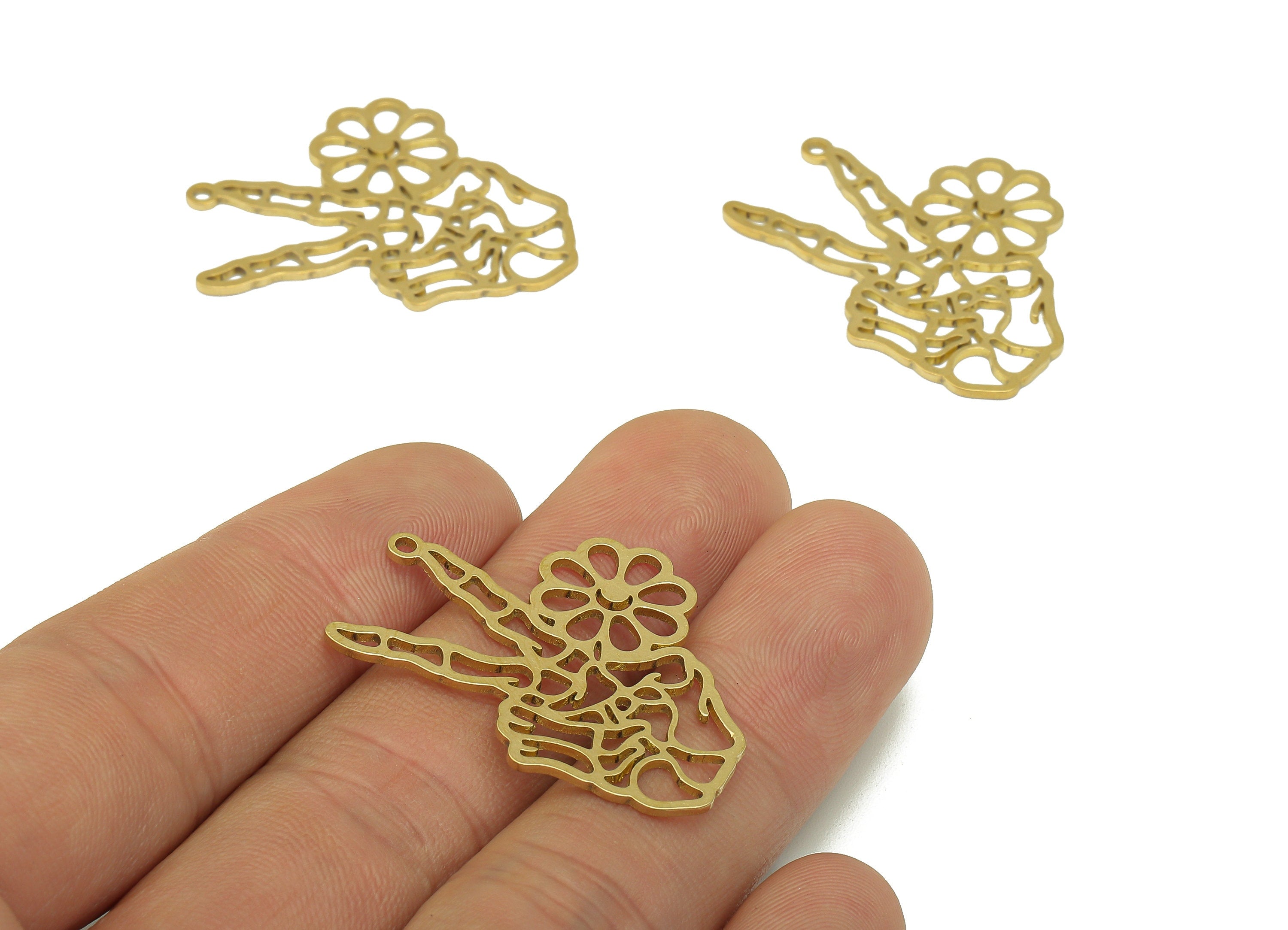 Brass Hand Sign Earring Charms - Raw Brass Hand Victory Earring - Flower Pendant With Loop - For Necklace - 32x34.8x0.74mm - PPZ0200 - DOMEDBAZAAR