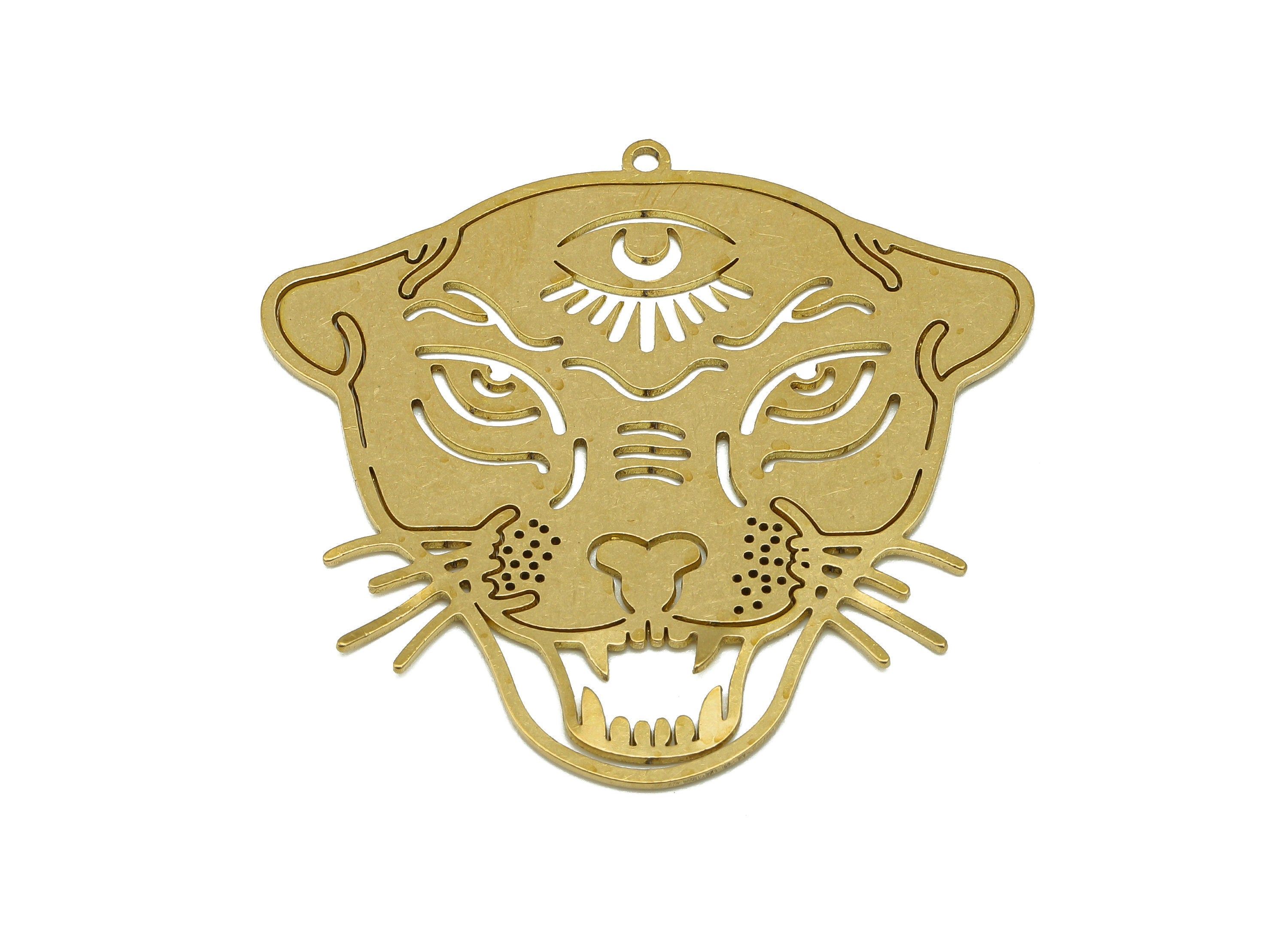 Brass Leopard Head Earring Charms - Raw Brass Hollow Jaguar Earring - Moon Leopard Pendant With Loop - For Necklace - 25x22x0.7mm - PPZ0219 - DOMEDBAZAAR