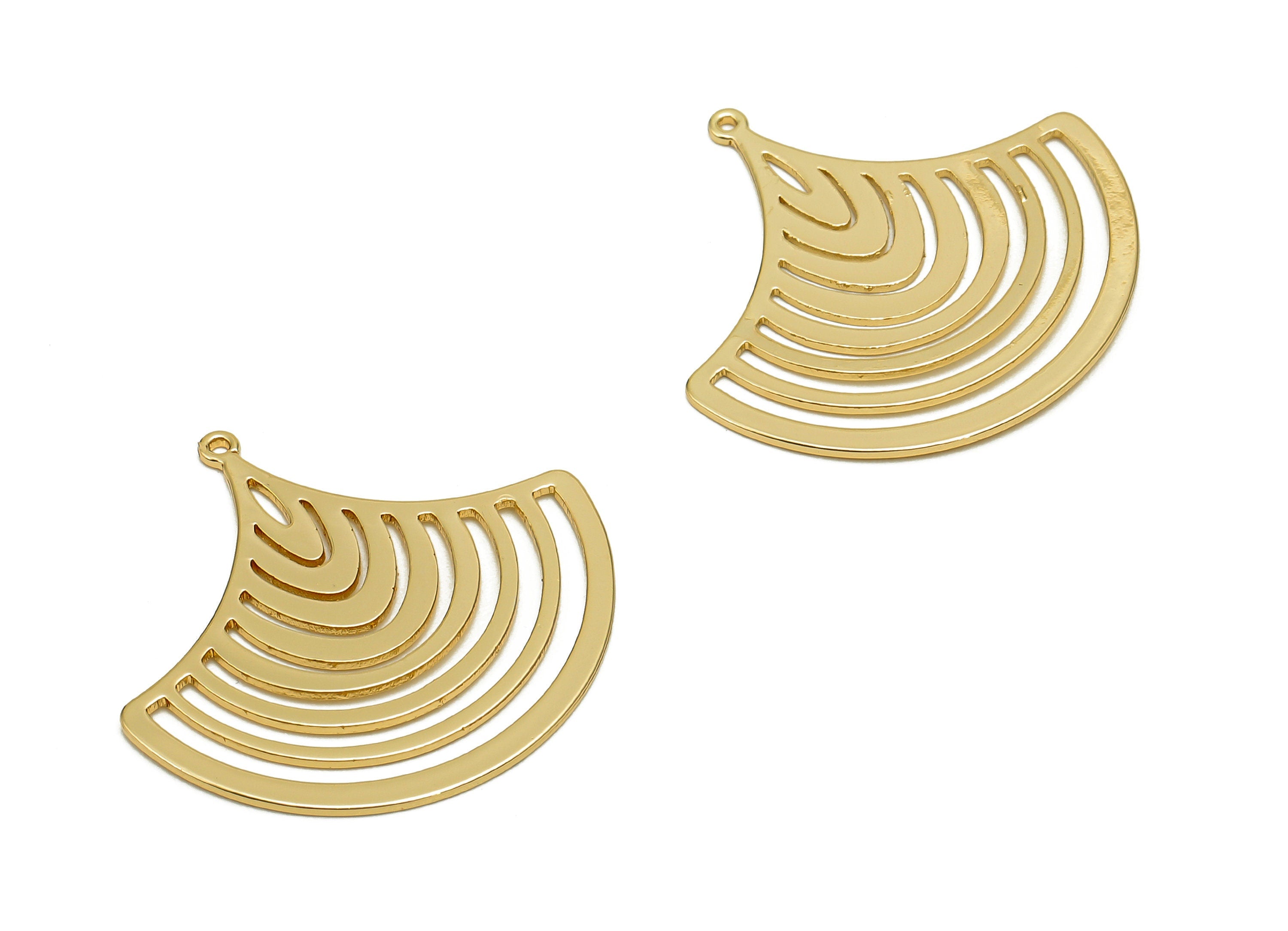 Brass Ginkgo Earring Charm - Sector Hollow Pendant With Loop - Fan Charm For Necklace - 18K Real Gold Plating - 25.2x26.6x0.6mm - RGP5757G - DOMEDBAZAAR